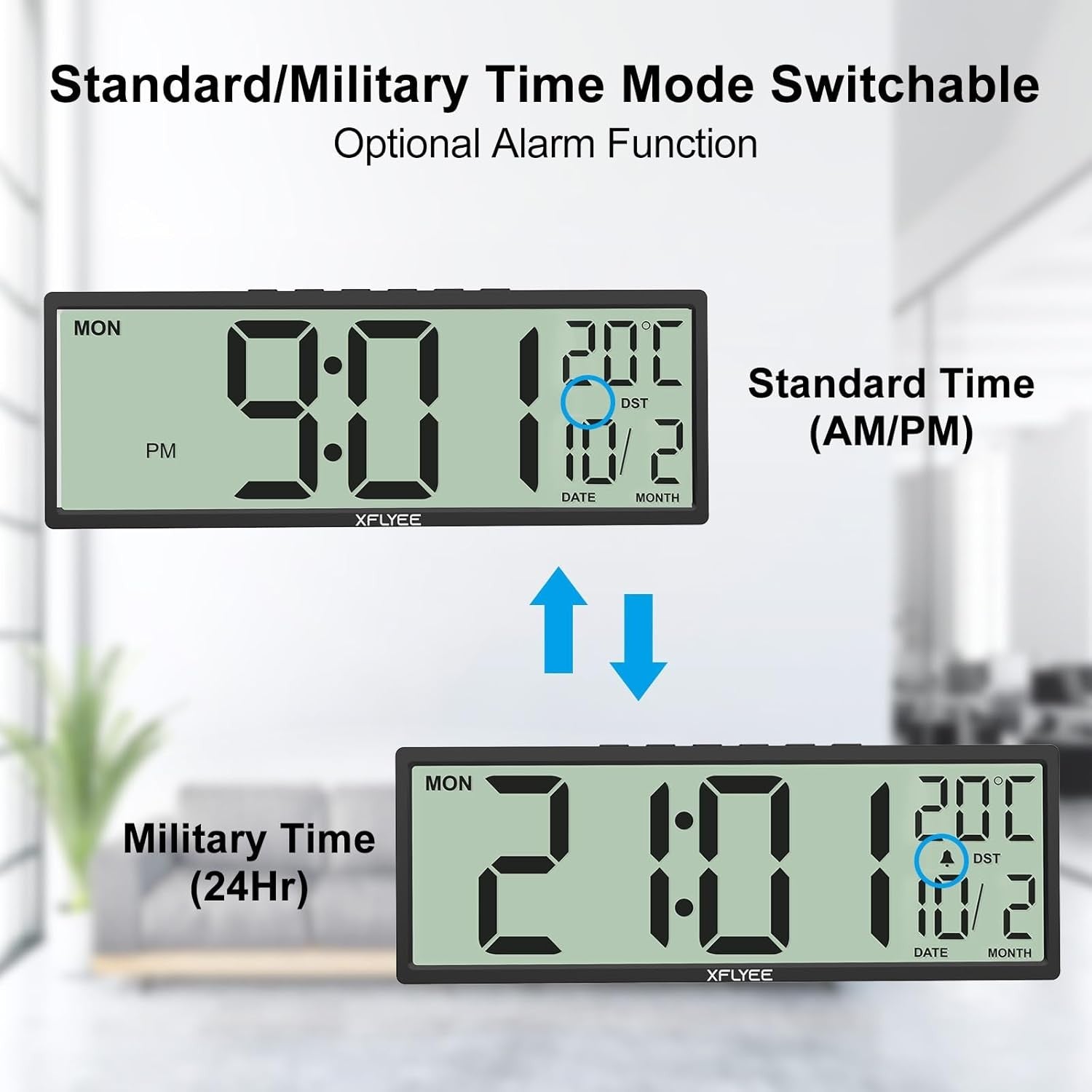 Large Digital Wall Clock Jumbo Display Temp Date Alarm Auto-DST 14.5" Modern