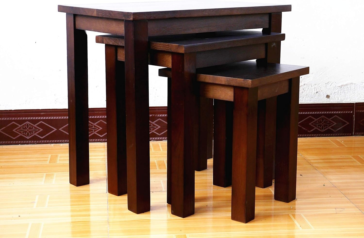 3 Nesting Coffee Tables Set Walnut Oak Wood Rectangular Living Room Side End