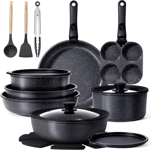 21Pcs Plus Black Non Stick Cookware Set with Removable Handles Induction Safe
