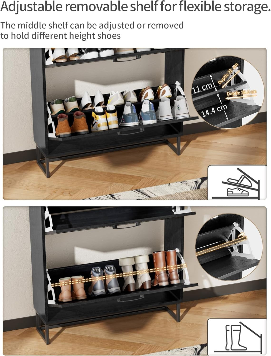 Slim Black Shoe Cabinet 3 Drawer Fold Rack 80cm Wide Entryway Storage