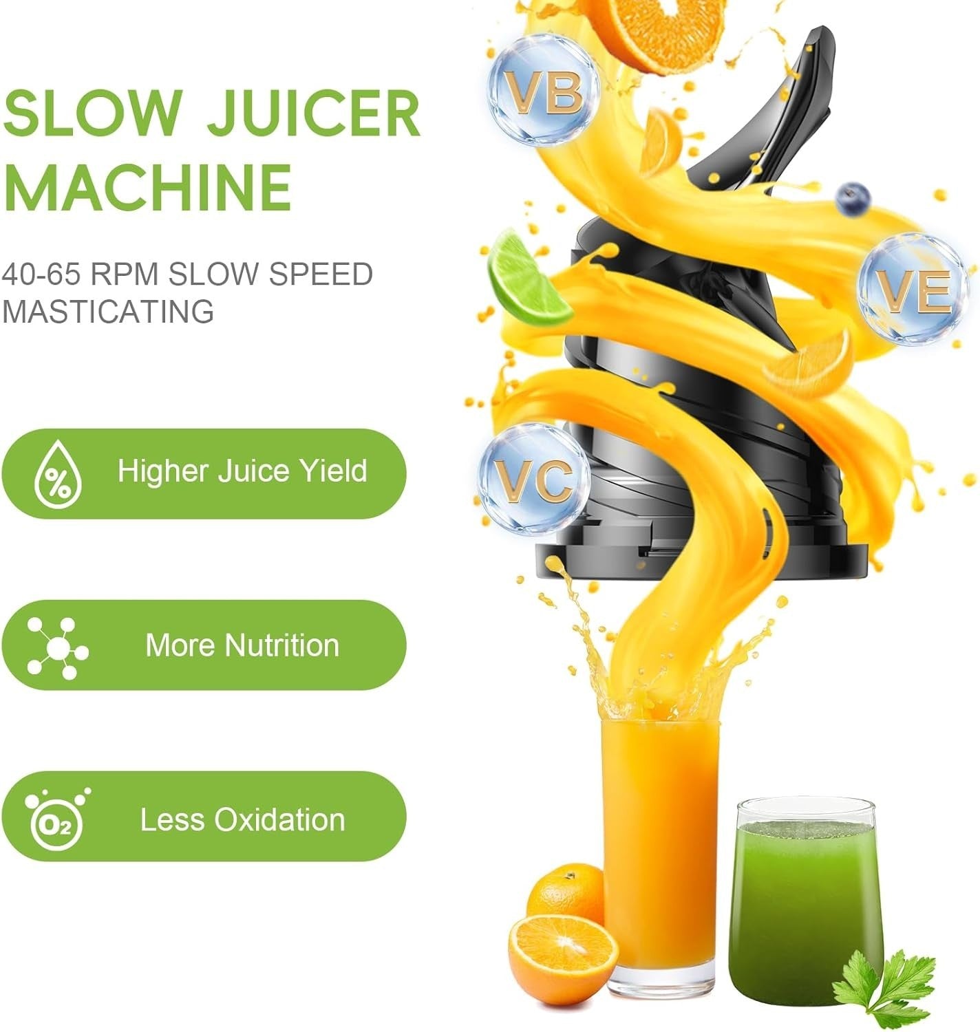 Cold Press Juicer 130mm Wide Feed Chute Whole Fruit High Yield 250W