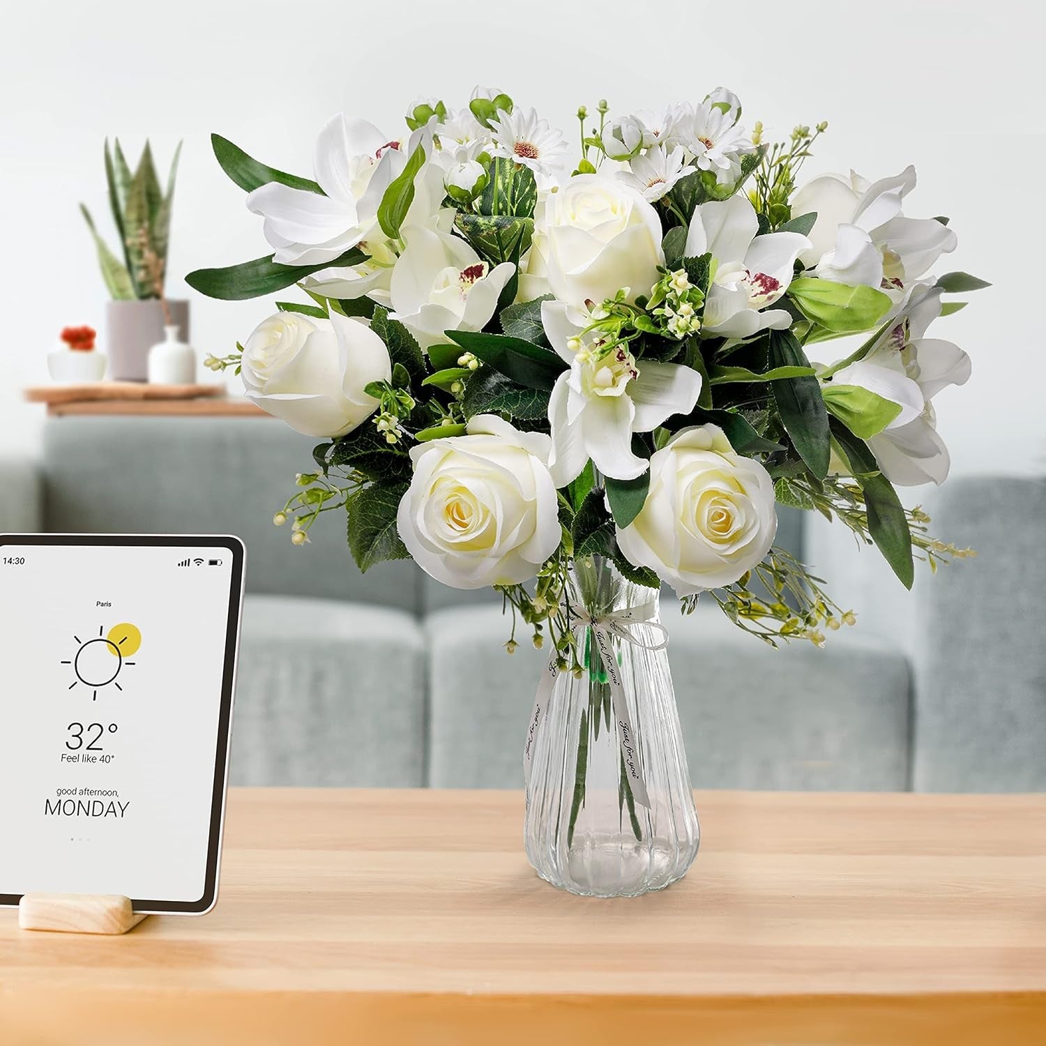 Artificial Flowers with Glass Vase White Rose Orchid Table Centrepiece