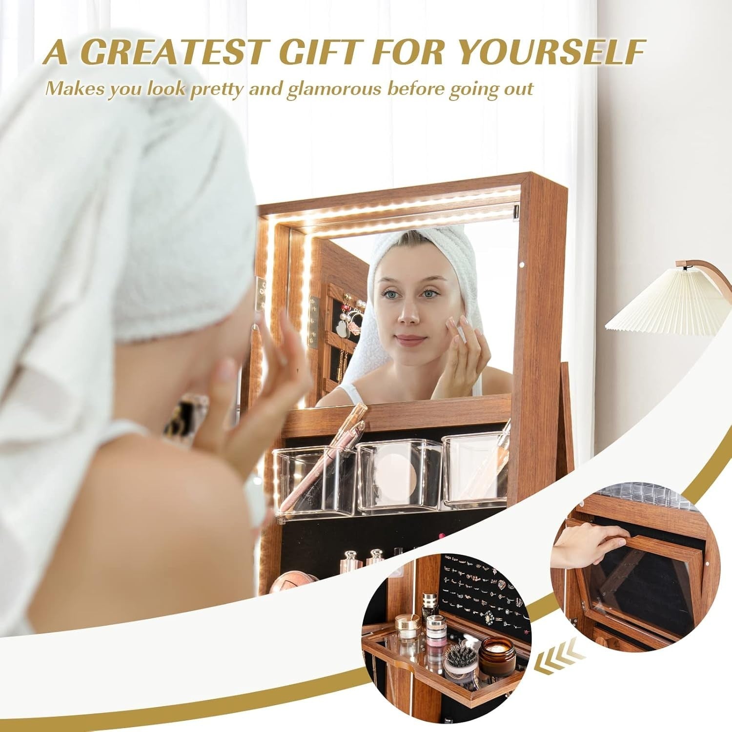 360° Swivel Jewelry Armoire Lockable Full Length Mirror LED Storage Brown