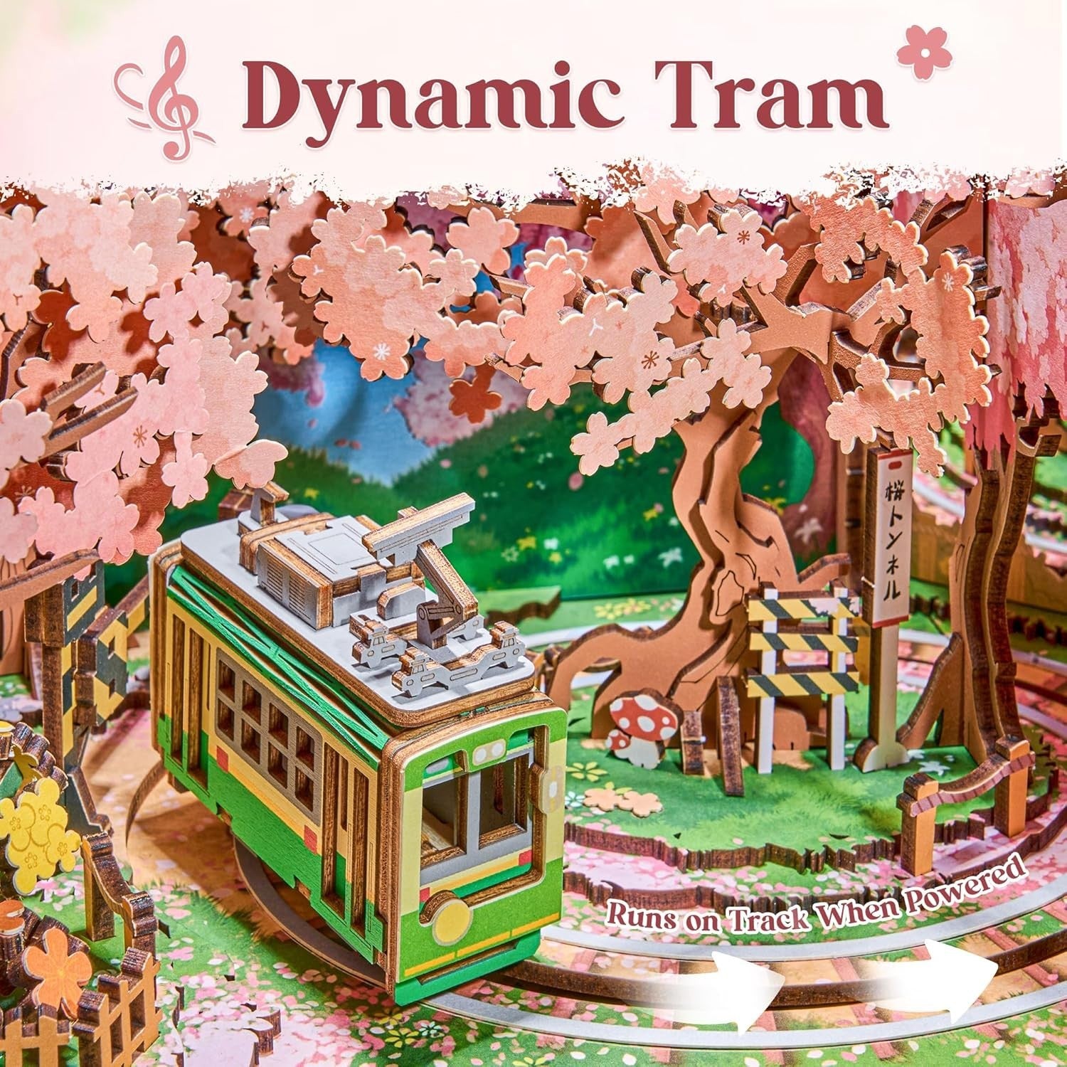 3D Cherry Blossom Sakura Tram Puzzle with LED Lights & Moving Model Display