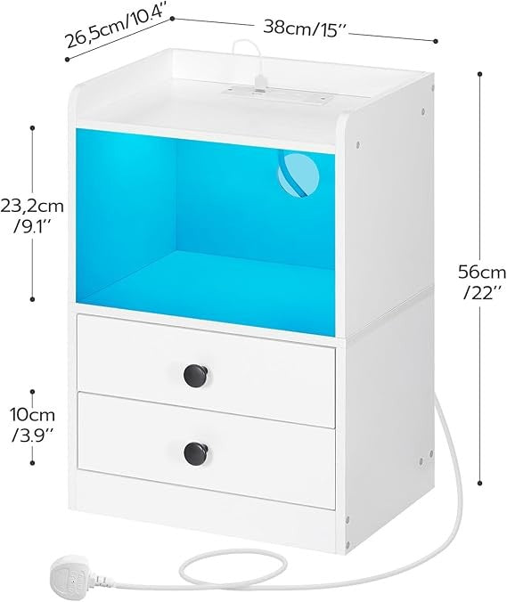 Modern LED Bedside Table with Charging Station, 2 Drawers, Storage Shelf White
