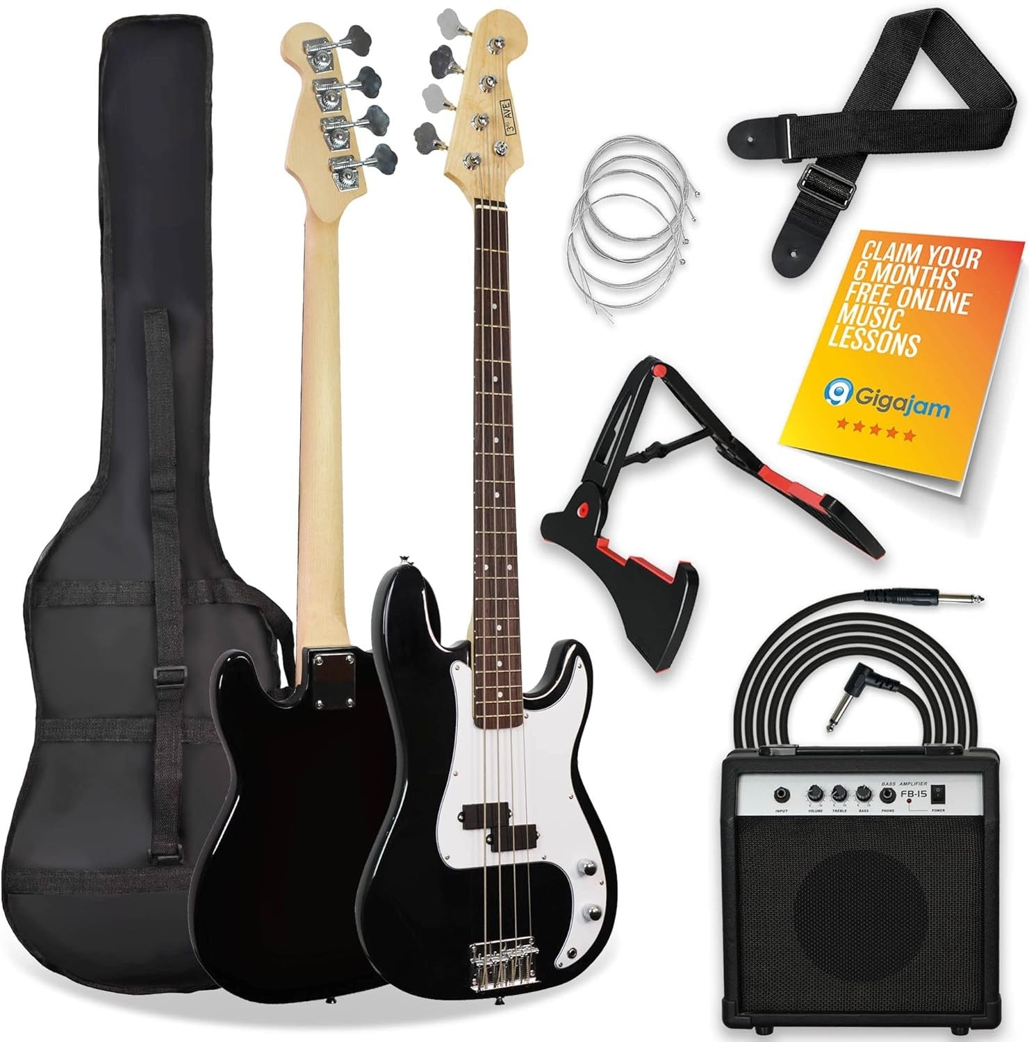 Full Size 4/4 Electric Bass Guitar Kit 15W Amp Bag Stand Black