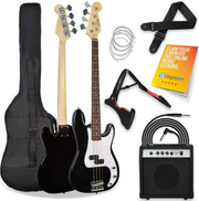 Full Size 4/4 Electric Bass Guitar Kit 15W Amp Bag Stand Black