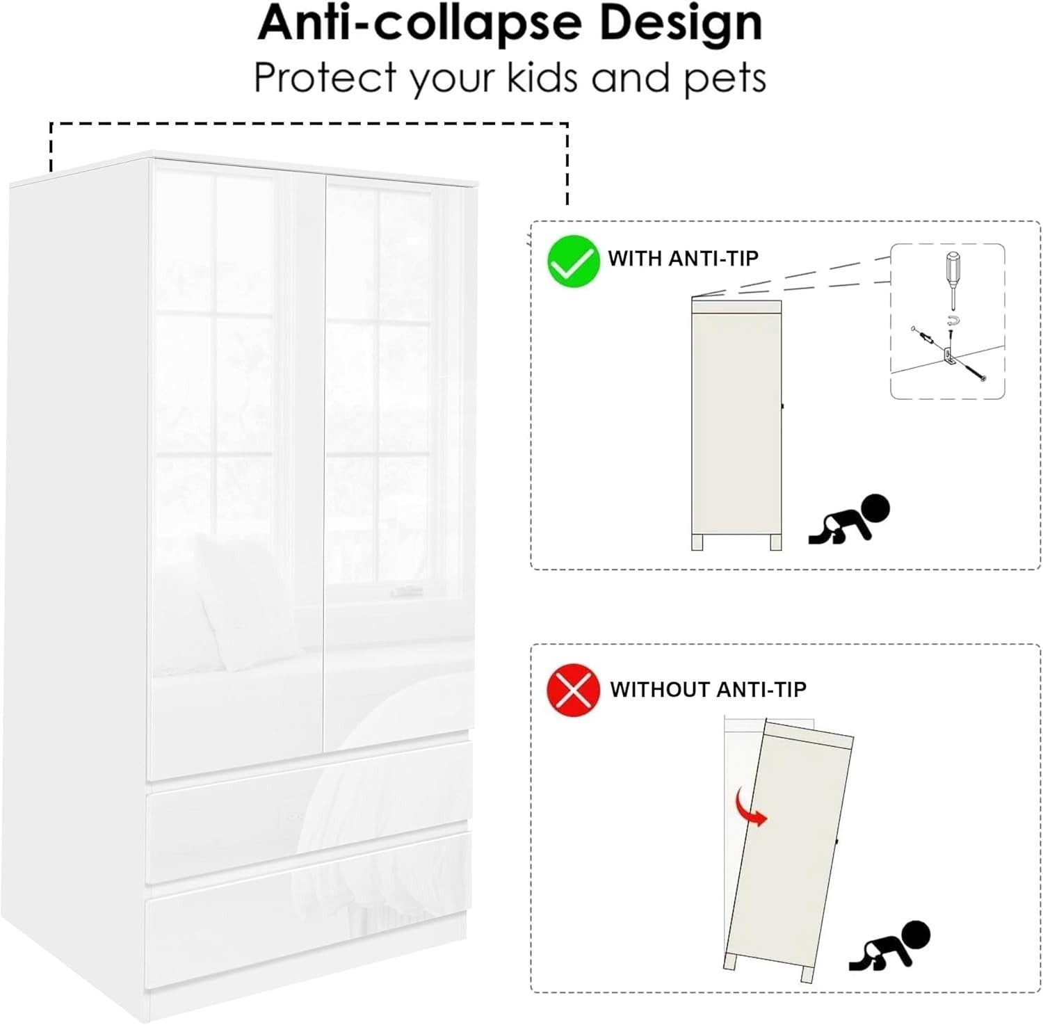 White 2 Door Wardrobe with 2 Drawers High Gloss Finish Storage Unit
