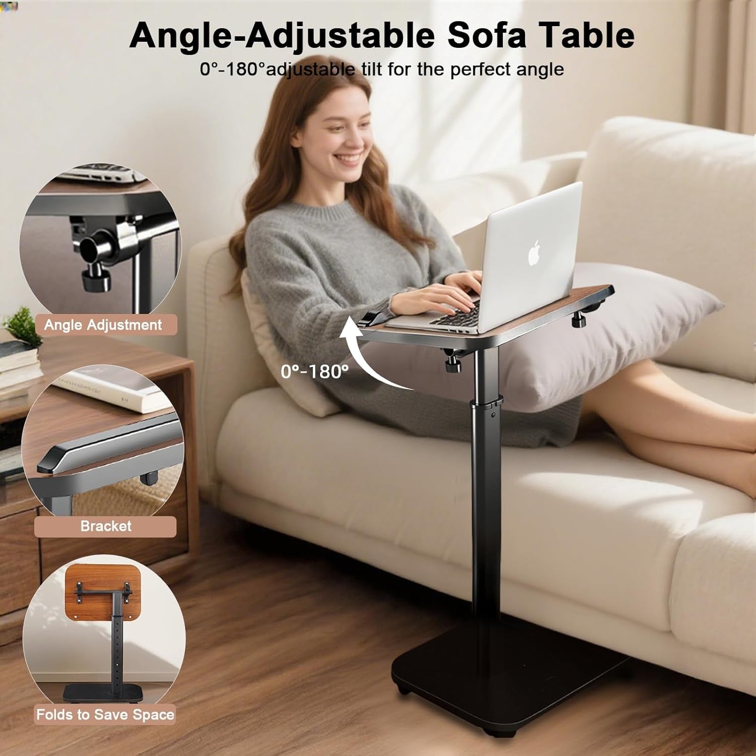 C Shaped Adjustable Sofa Side Table Laptop Desk 180° Flip Top With Wheels