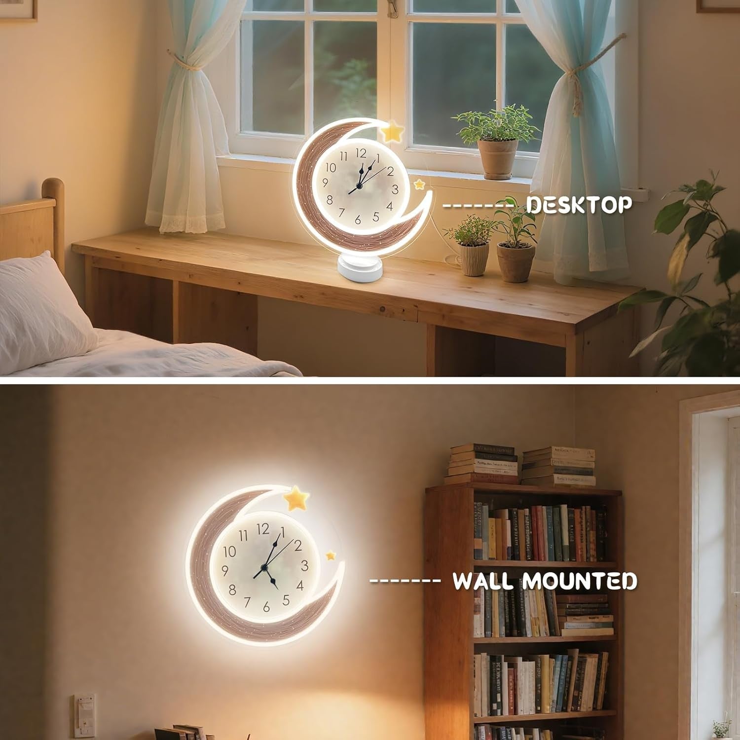 Moon Neon Wall Clock LED Dimmable Silent Night Light Bedroom Decor