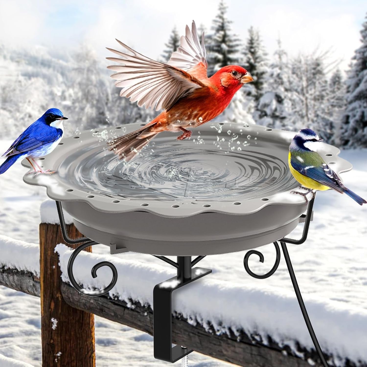Heated Bird Bath for Winter Outdoor Deck Railing 100W Thermostat Water Heater