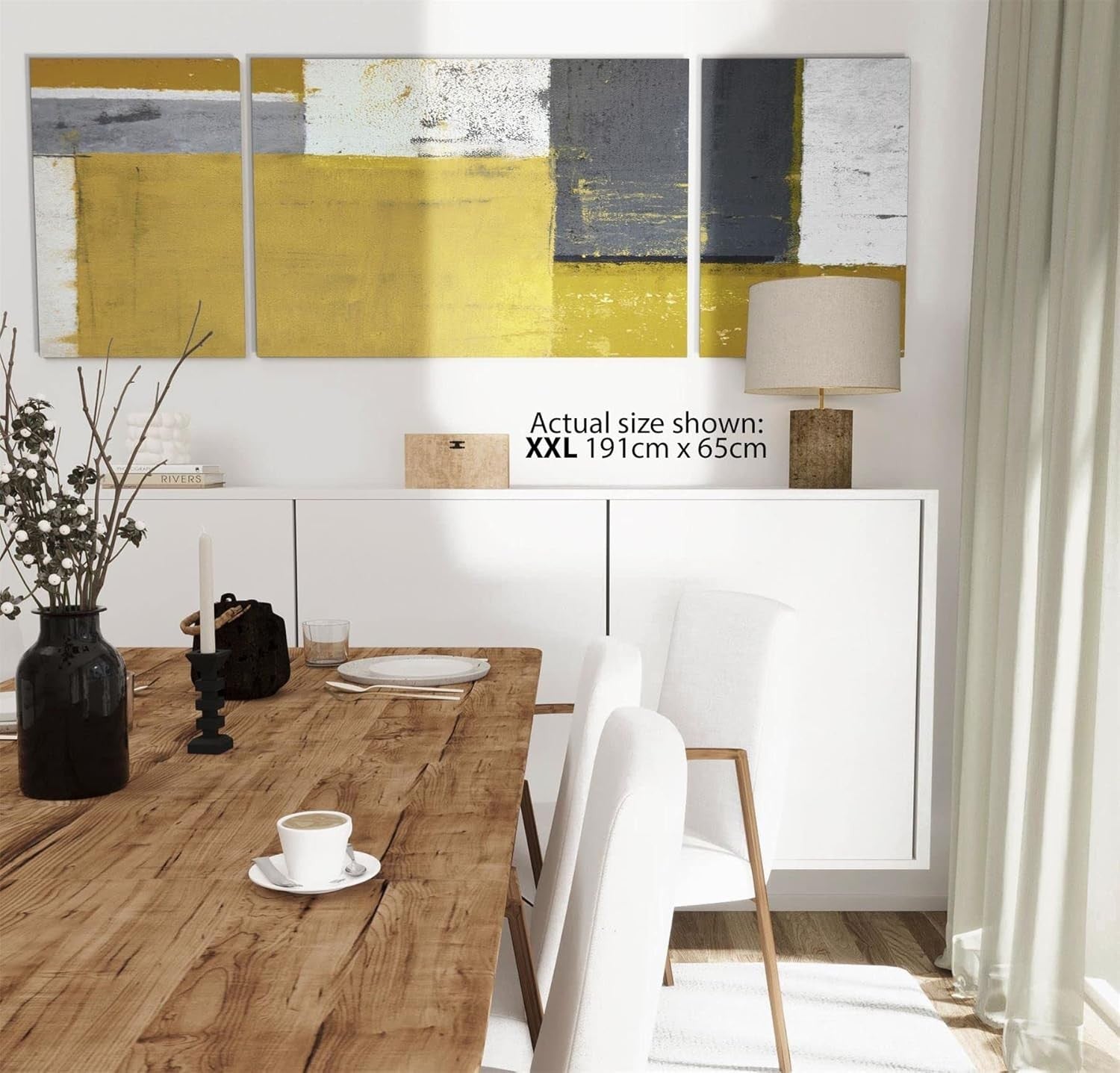 XXL Mustard Yellow Grey Abstract Canvas Wall Art 191x65cm