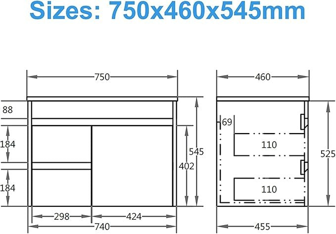 750mm White Gloss Wall Hung Bathroom Vanity Unit with Basin Sink Storage Cabinet