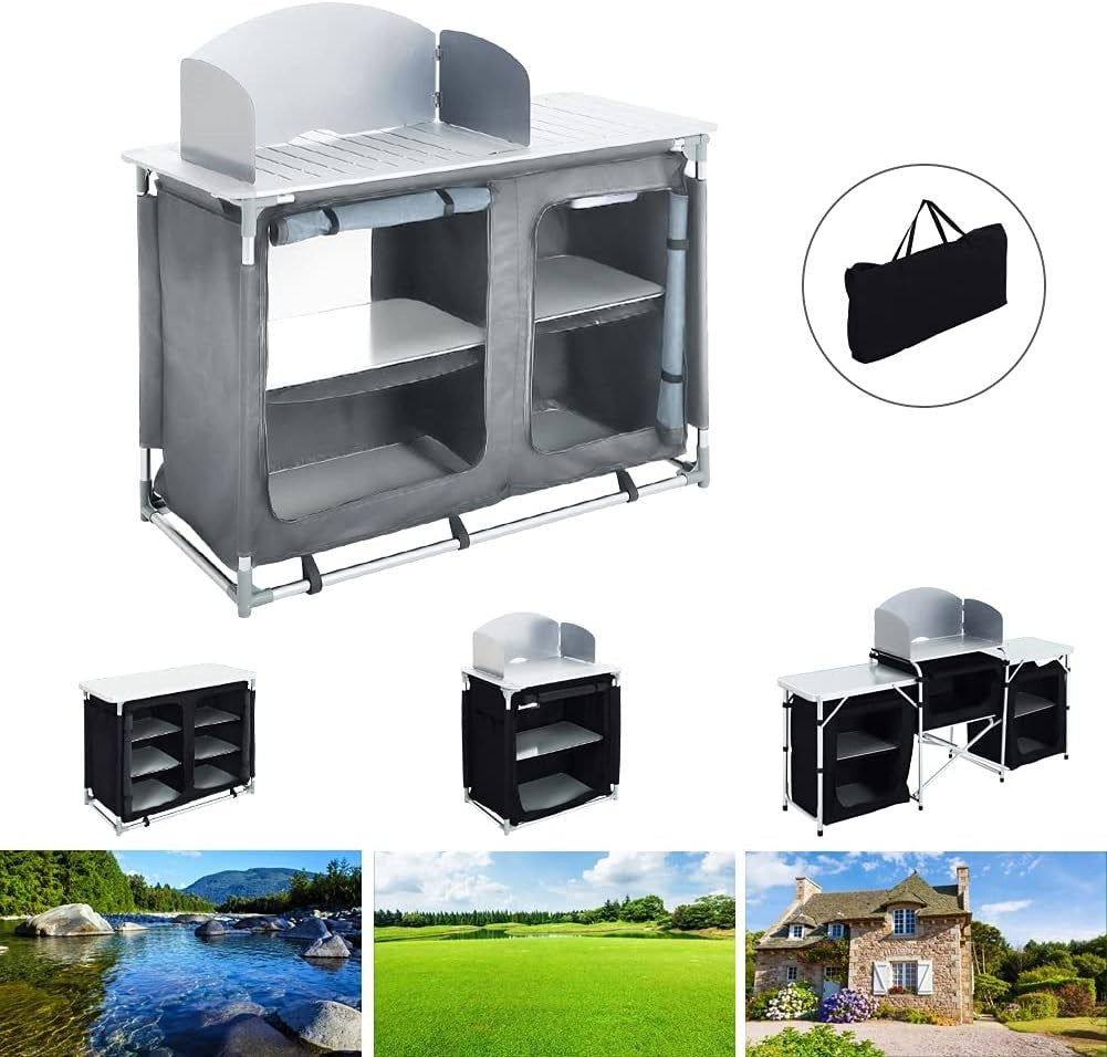 Outdoor Folding Camping Kitchen Table with Storage & Windproof Design Grey