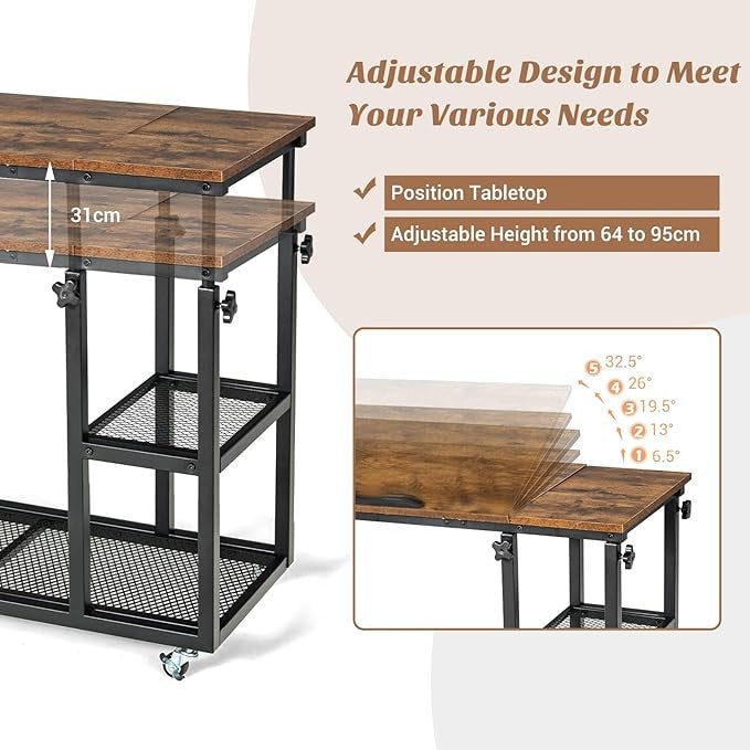 Rolling Sofa End Table Adjustable Laptop Desk Wheels Storage Rustic
