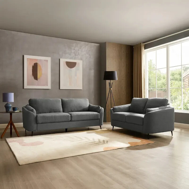 Dark Grey Boucle 2 Seater Sofa Curved Arm Metal Leg Compact Modern Couch