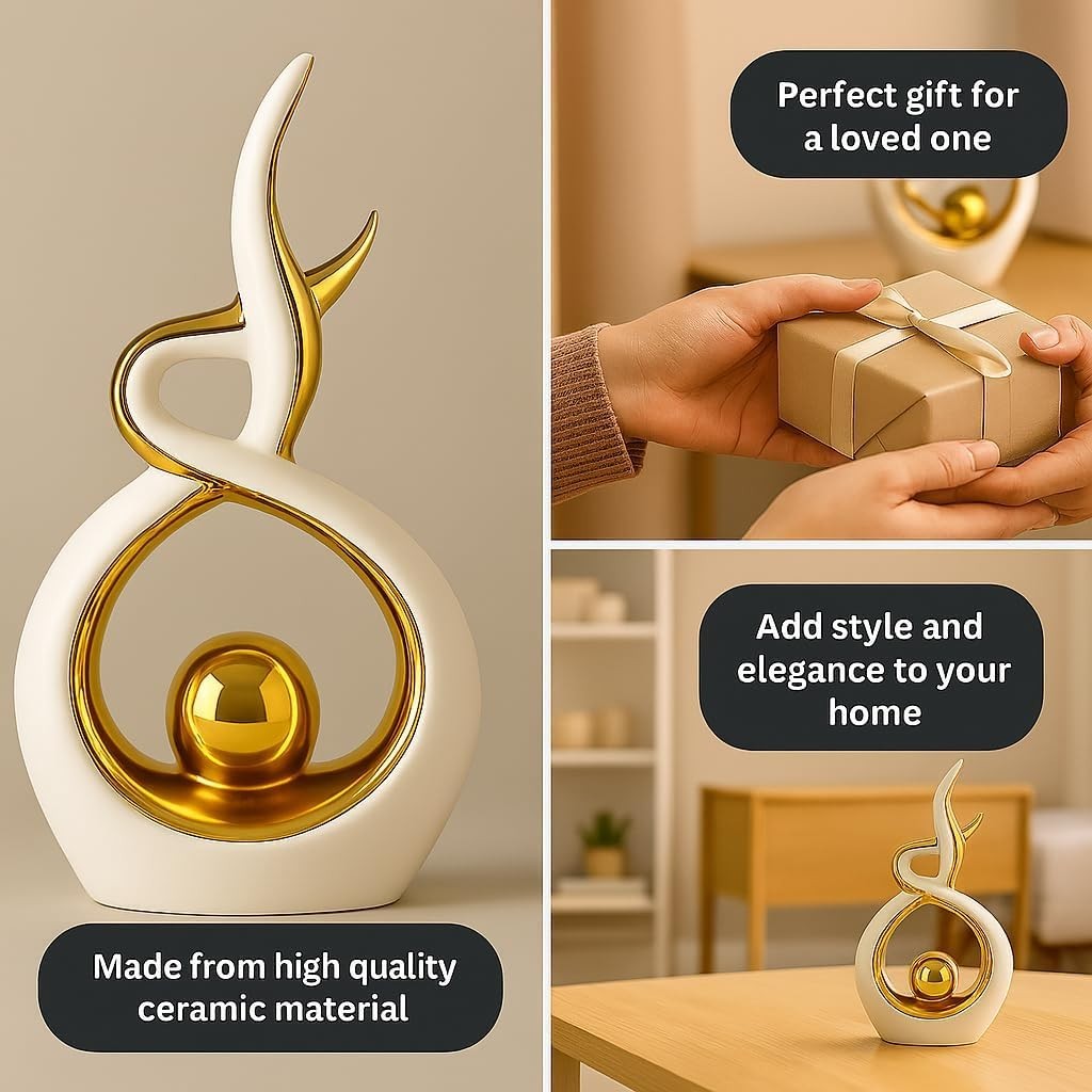 Modern Gold & White Ceramic Abstract Sculpture – Home Decor Ornament for Shelf