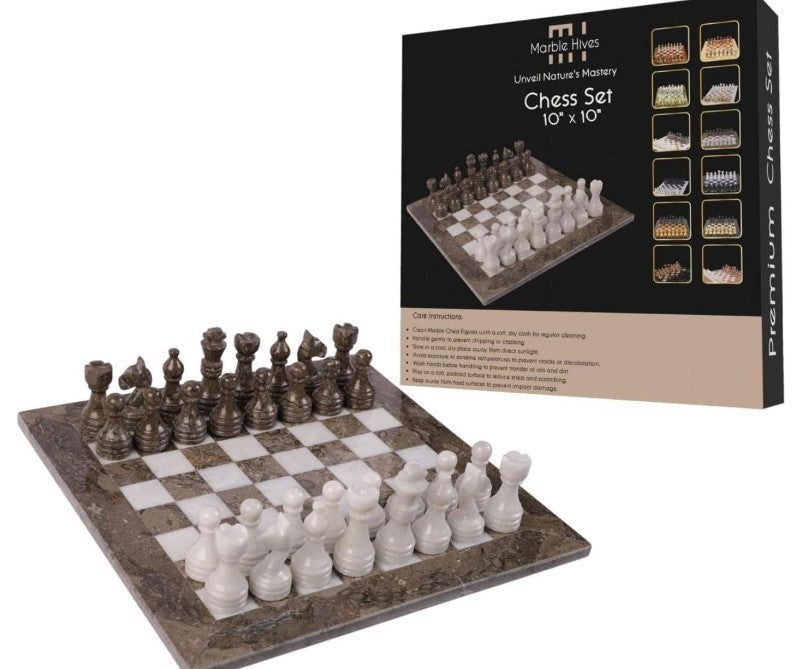 Luxury 10x10” Marble Chess Set – Oceanic Grey & White Stone Board + Pieces