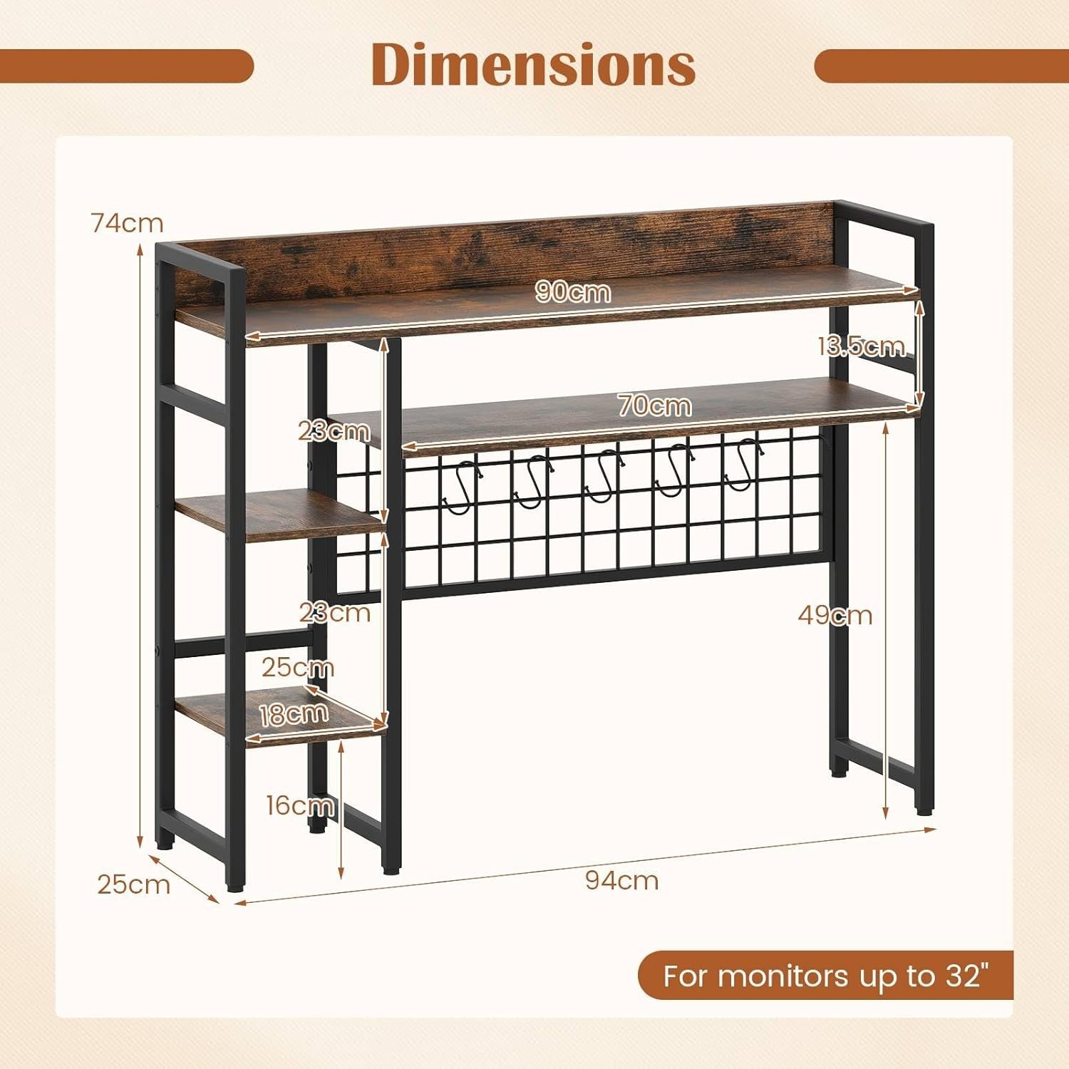 4-Tier Rustic Desktop Hutch Bookshelf Monitor Stand with Hooks Desk Organizer
