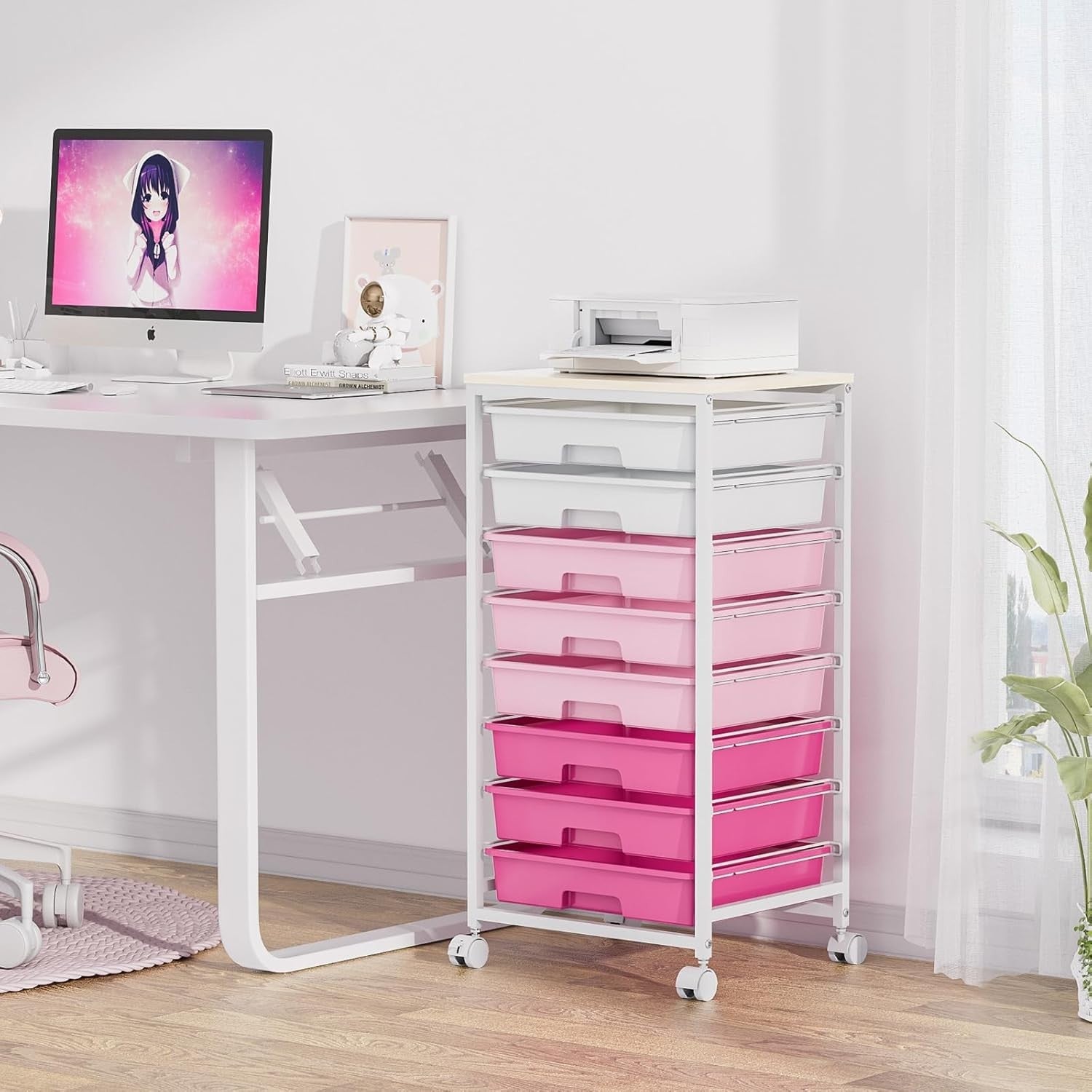 8 Drawer Rolling Storage Cart Rose Pink Utility Organizer Trolley