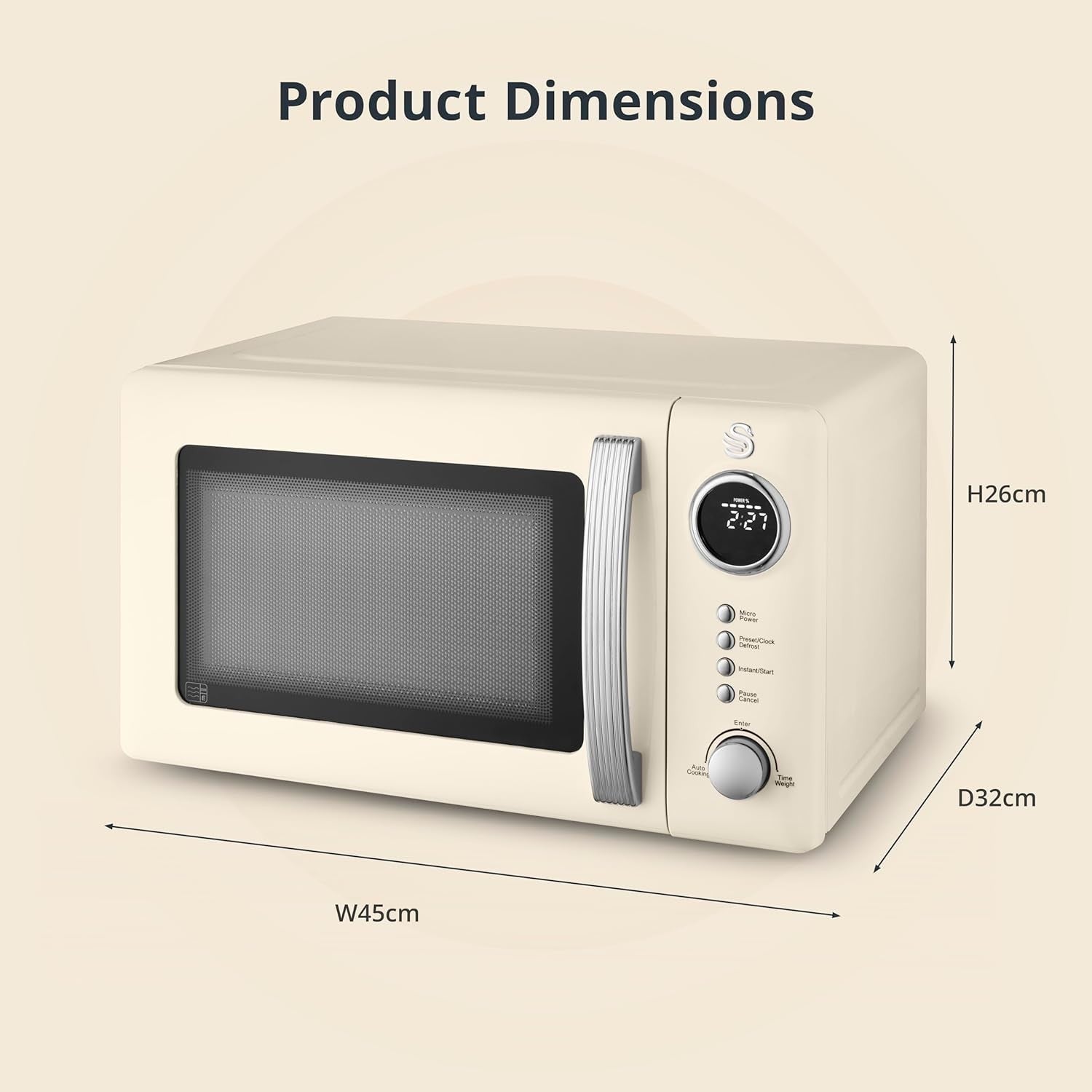 20L Retro Digital Microwave 800W 5 Power Levels Cream