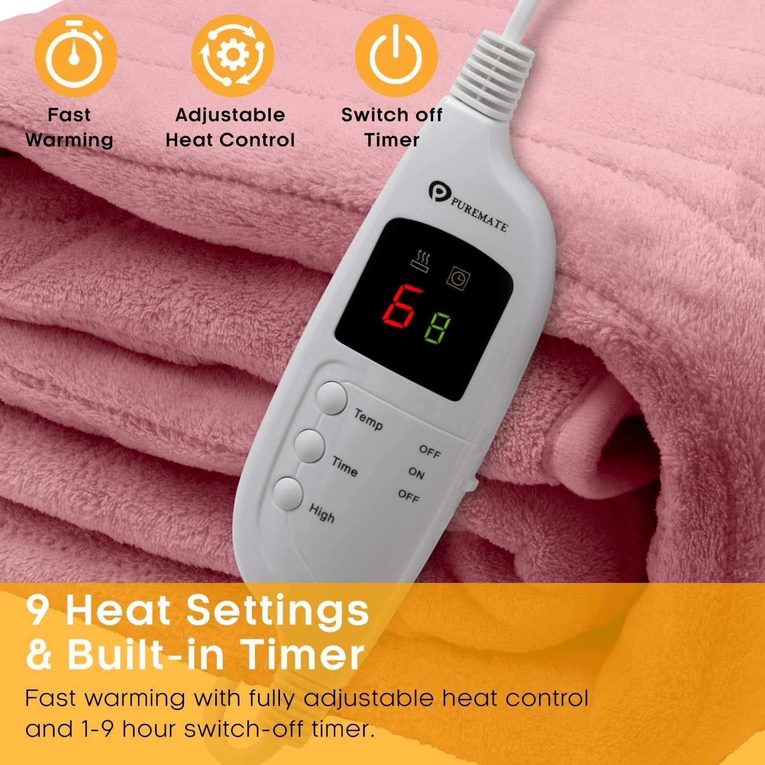 Electric Heated Throw Blanket 160x130cm Fleece 9 Heat Washable