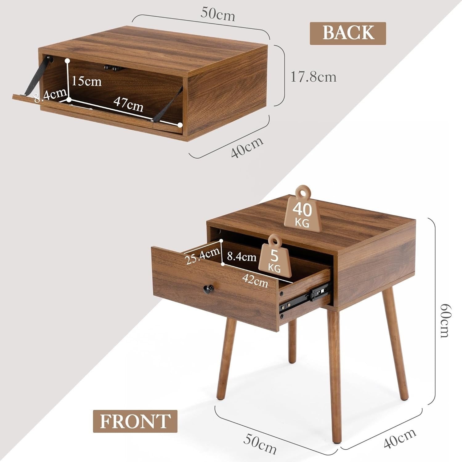 Mid Century Walnut Bedside Table with Drawer & Hidden Storage Shelf