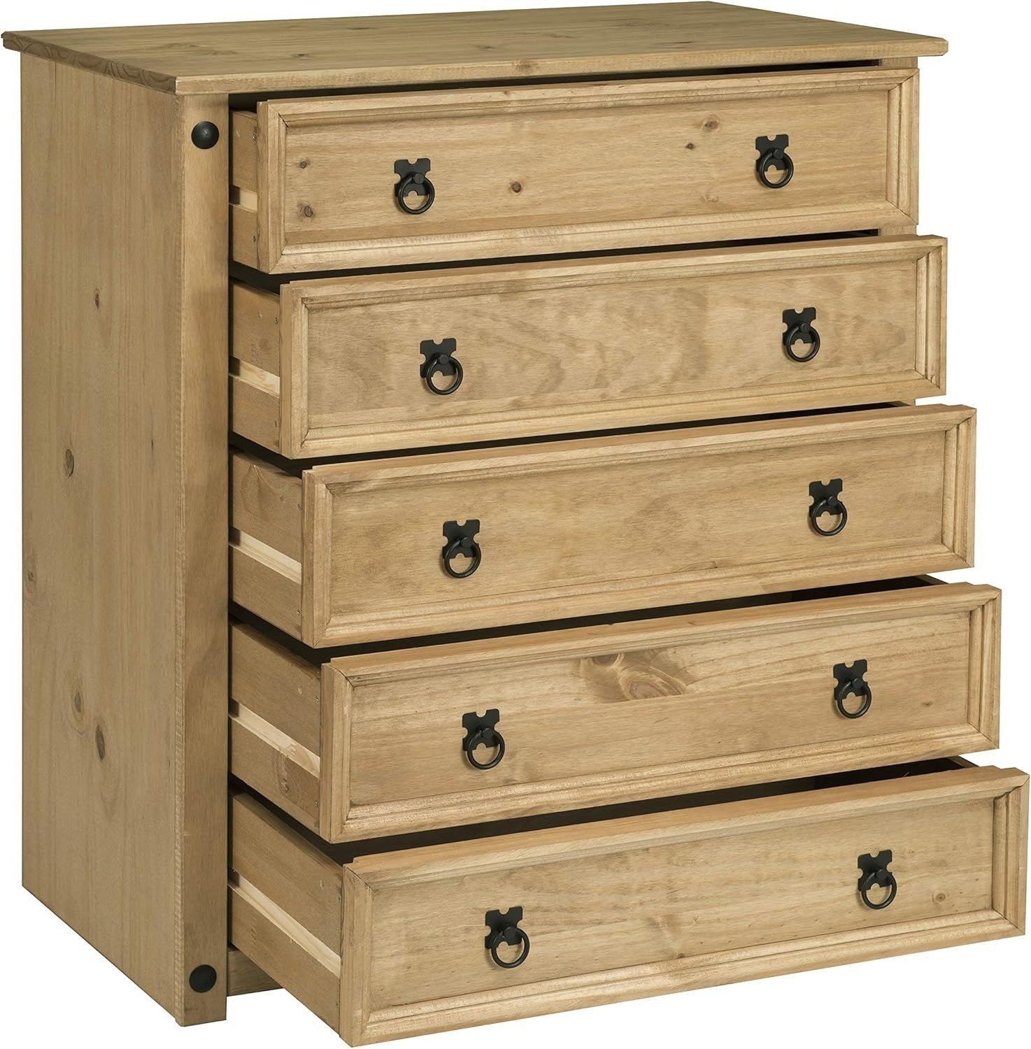 Solid Pine Chest of 5 Drawers, Rustic Waxed Wood Storage for Bedroom