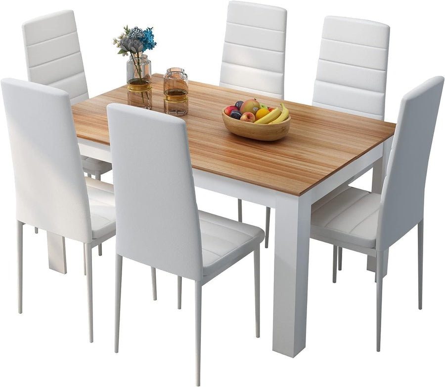 Dining Table Set 6 Chairs Faux Leather Oak Modern Kitchen Home Office