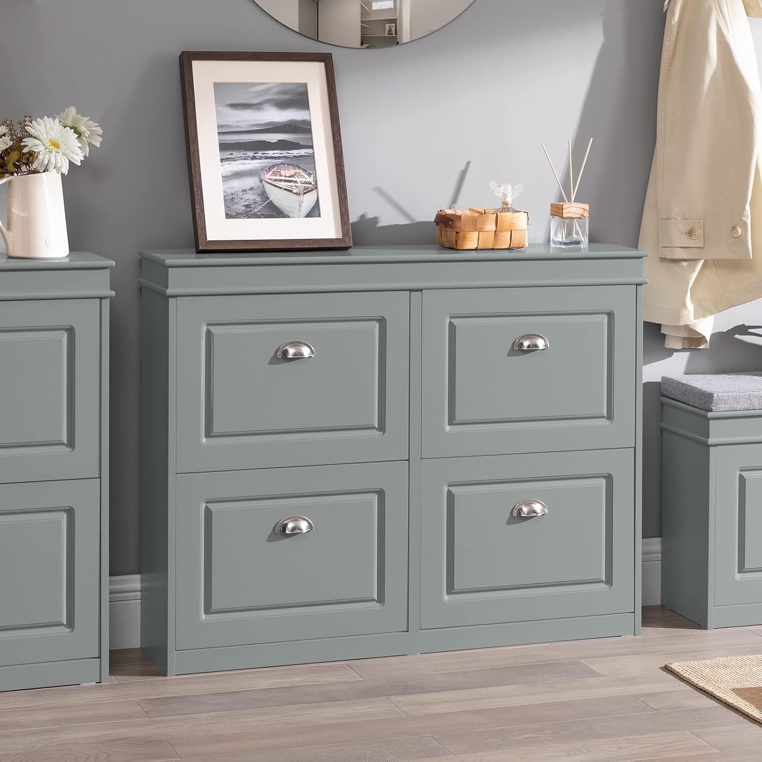 Slim Grey Shoe Storage Cabinet with 4 Flip Drawers, Space-Saving 105x24x82cm