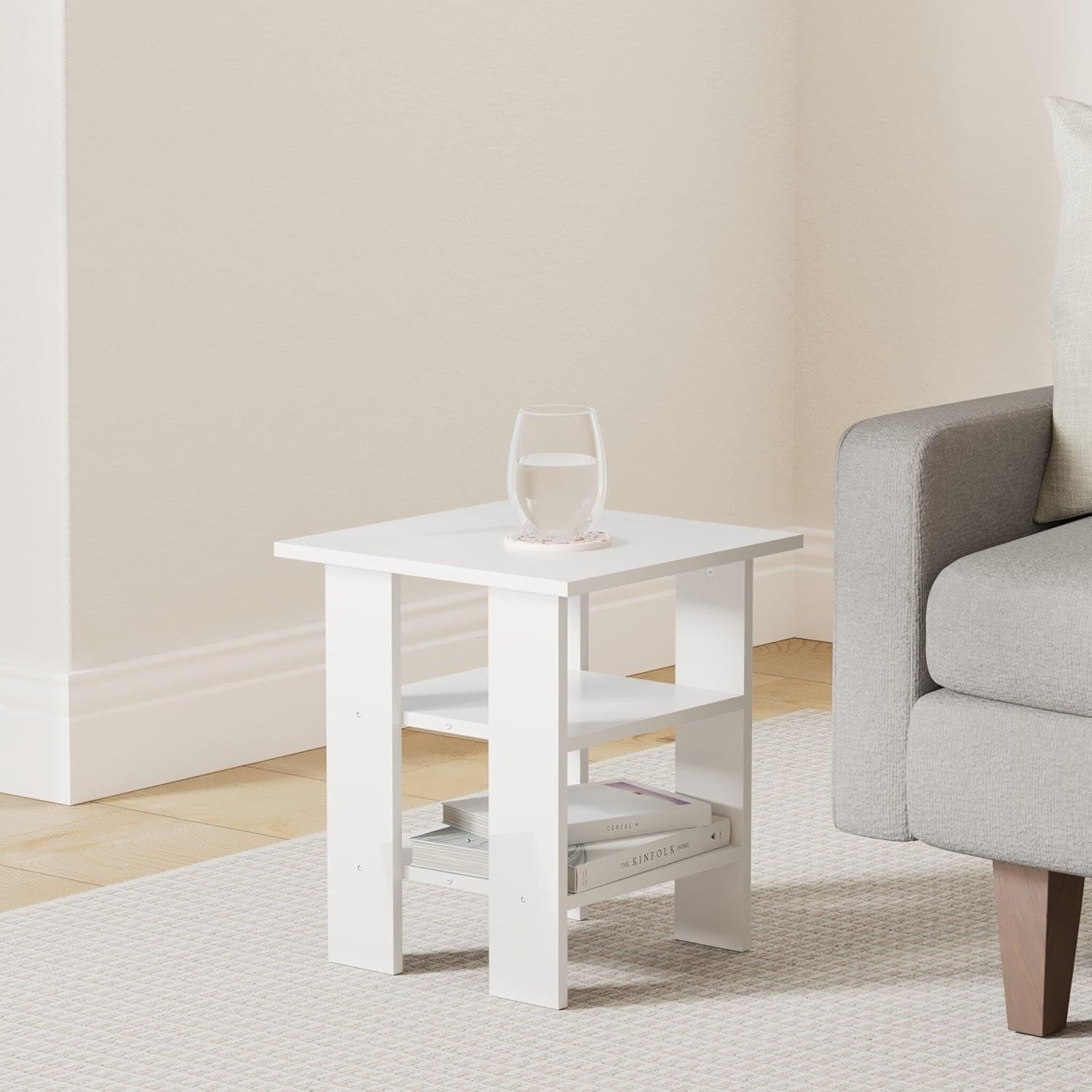 Modern 2-Tier White Wooden Side Table – Compact End Table with Storage