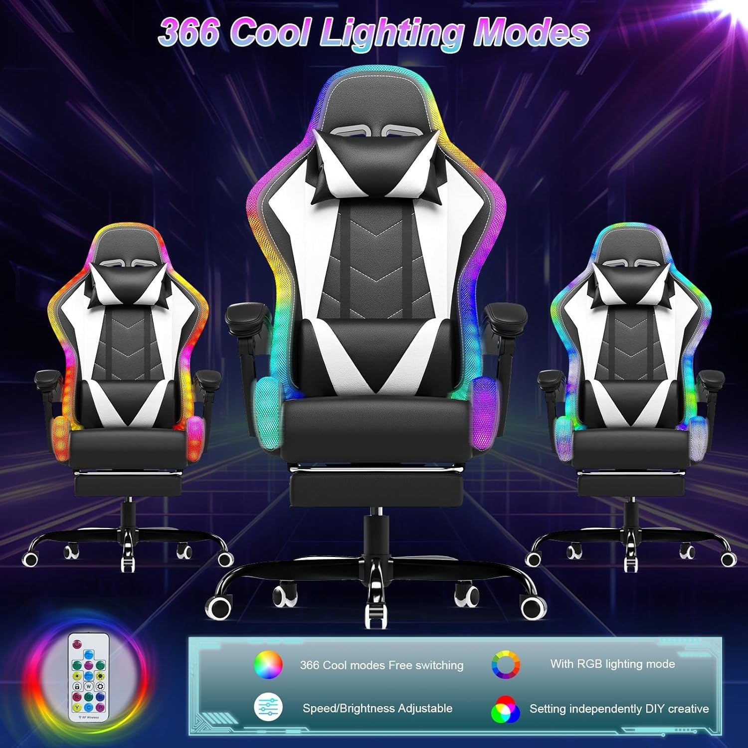 LED Gaming Chair w/ Footrest Massage Reclining RGB White