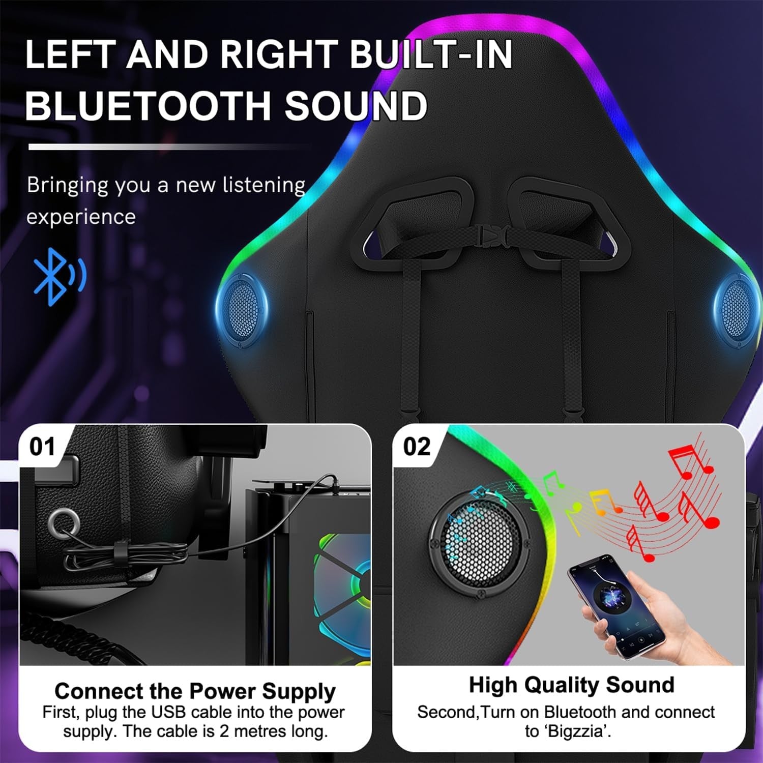 Gaming Chair Bluetooth Speakers LED Lights Footrest