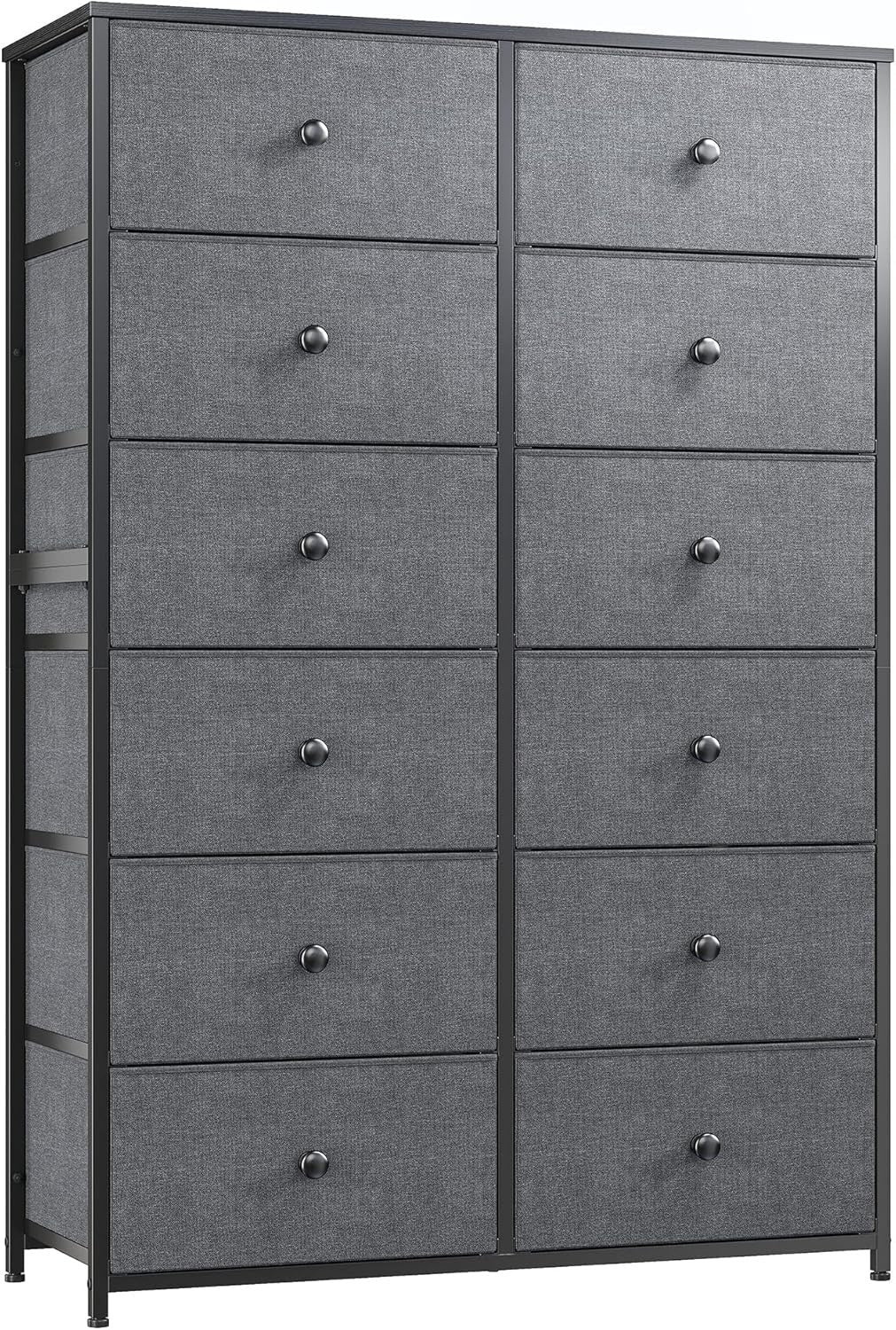 Tall 12 Drawer Chest Light Grey Fabric Storage Cabinet Metal Wood Frame