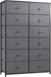 Tall 12 Drawer Chest Light Grey Fabric Storage Cabinet Metal Wood Frame
