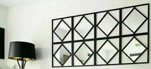 Modern Square Mirror Wall Art Set 3 Black Geometric Panels Living Room Decor