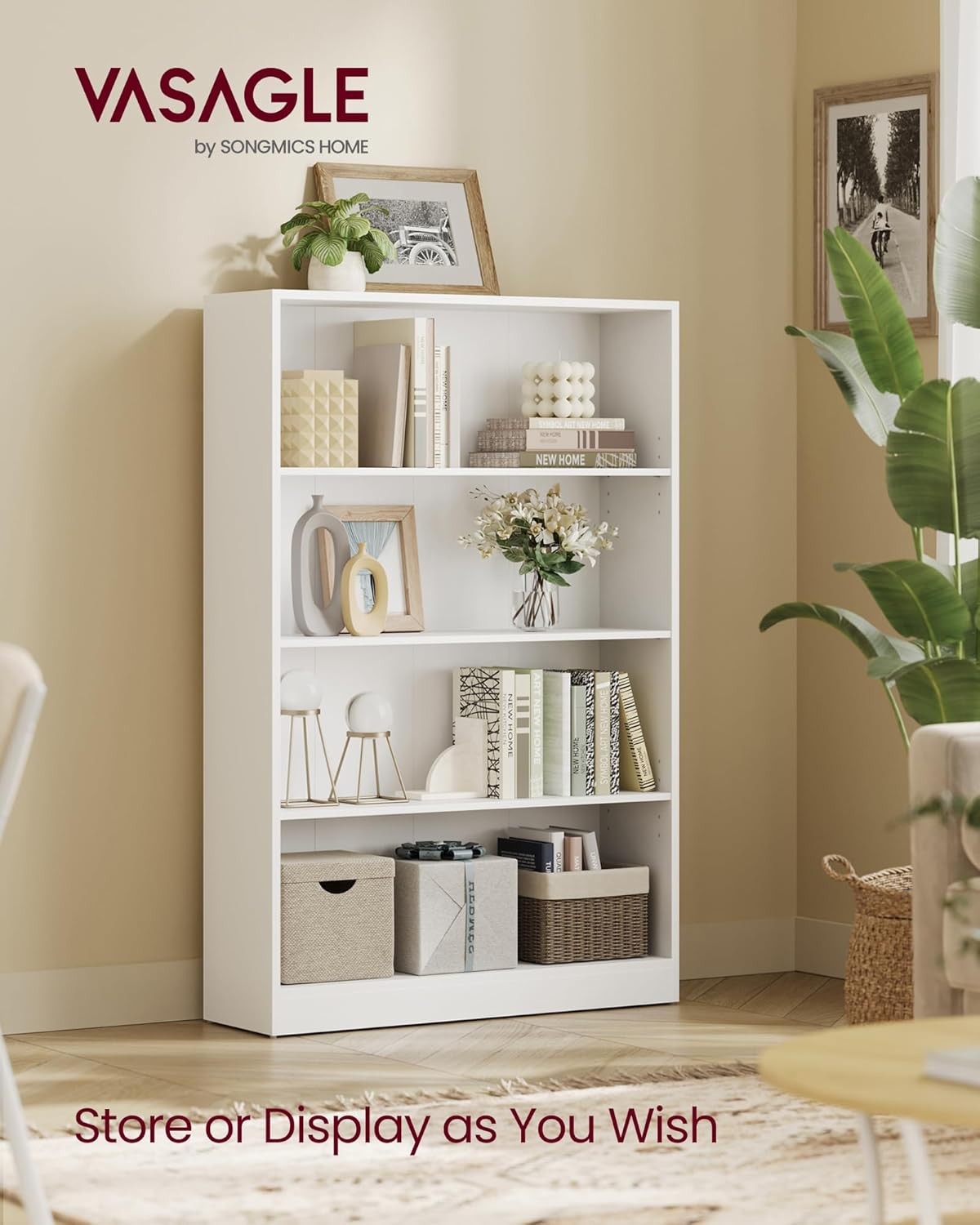4-Tier White Bookcase 80cm Wide Adjustable Shelves Modern Storage Unit