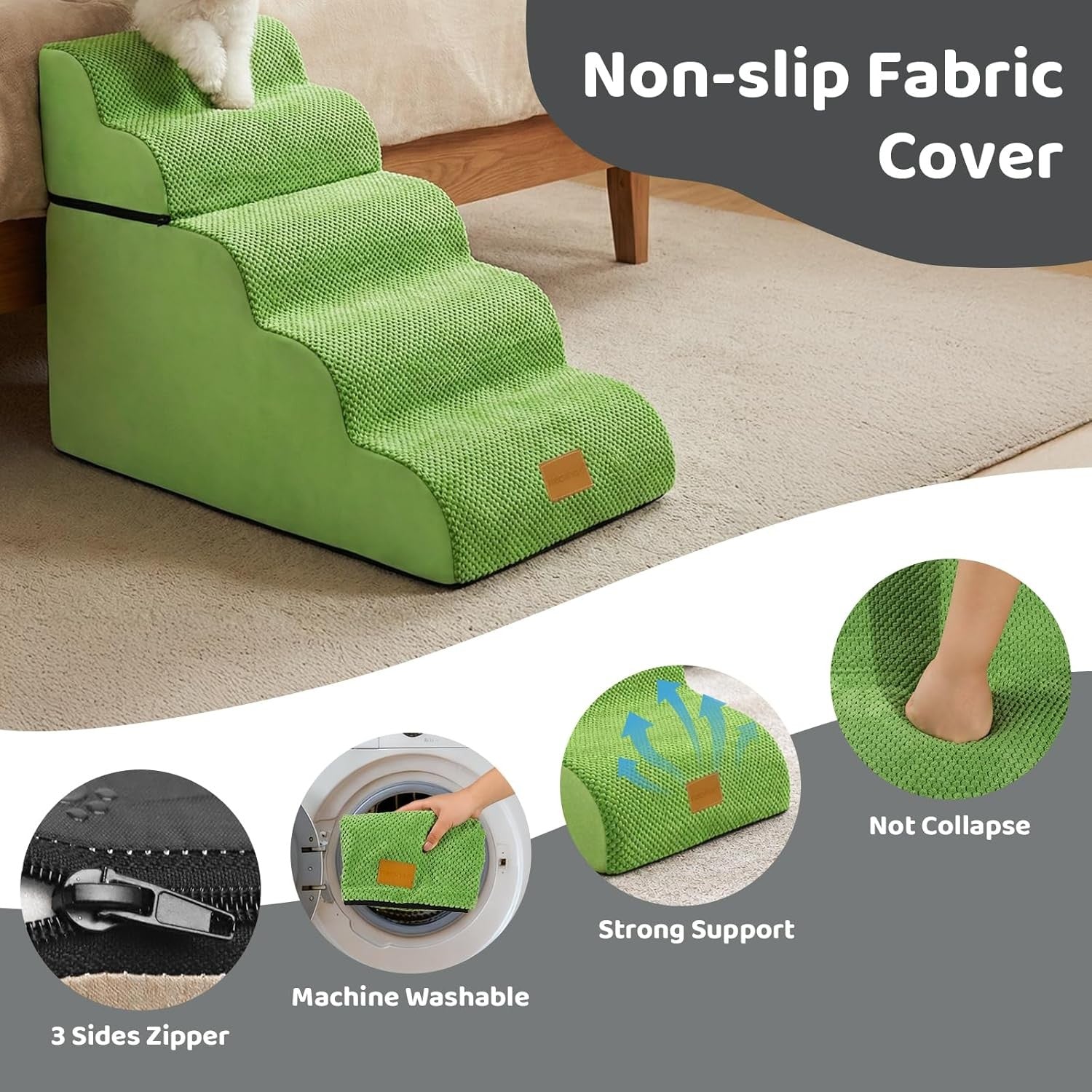 Dog Steps for Bed 5-Step Non-Slip Pet Stairs Ladder Foam Ramp with Plush Cover