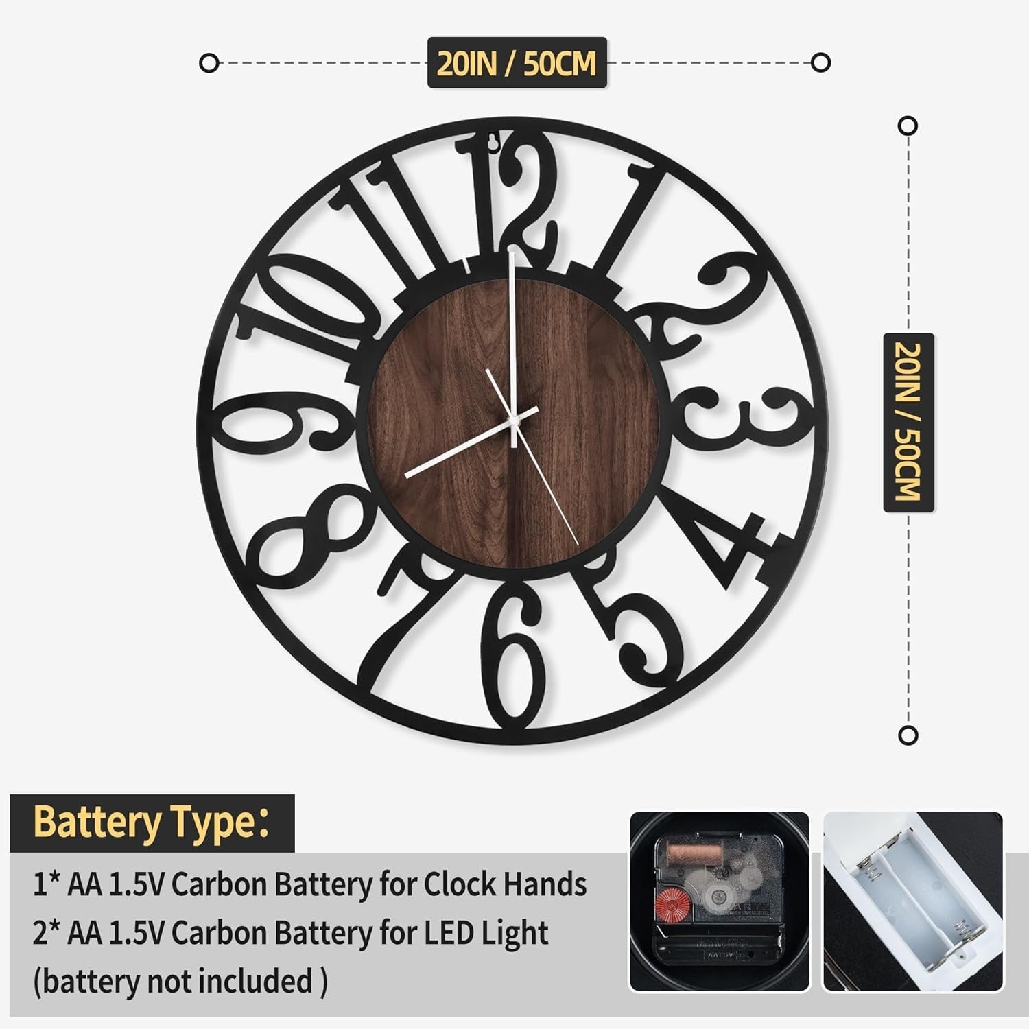 Large 50cm Silent Non-Ticking Wall Clock with LED Night Light for Home Decor