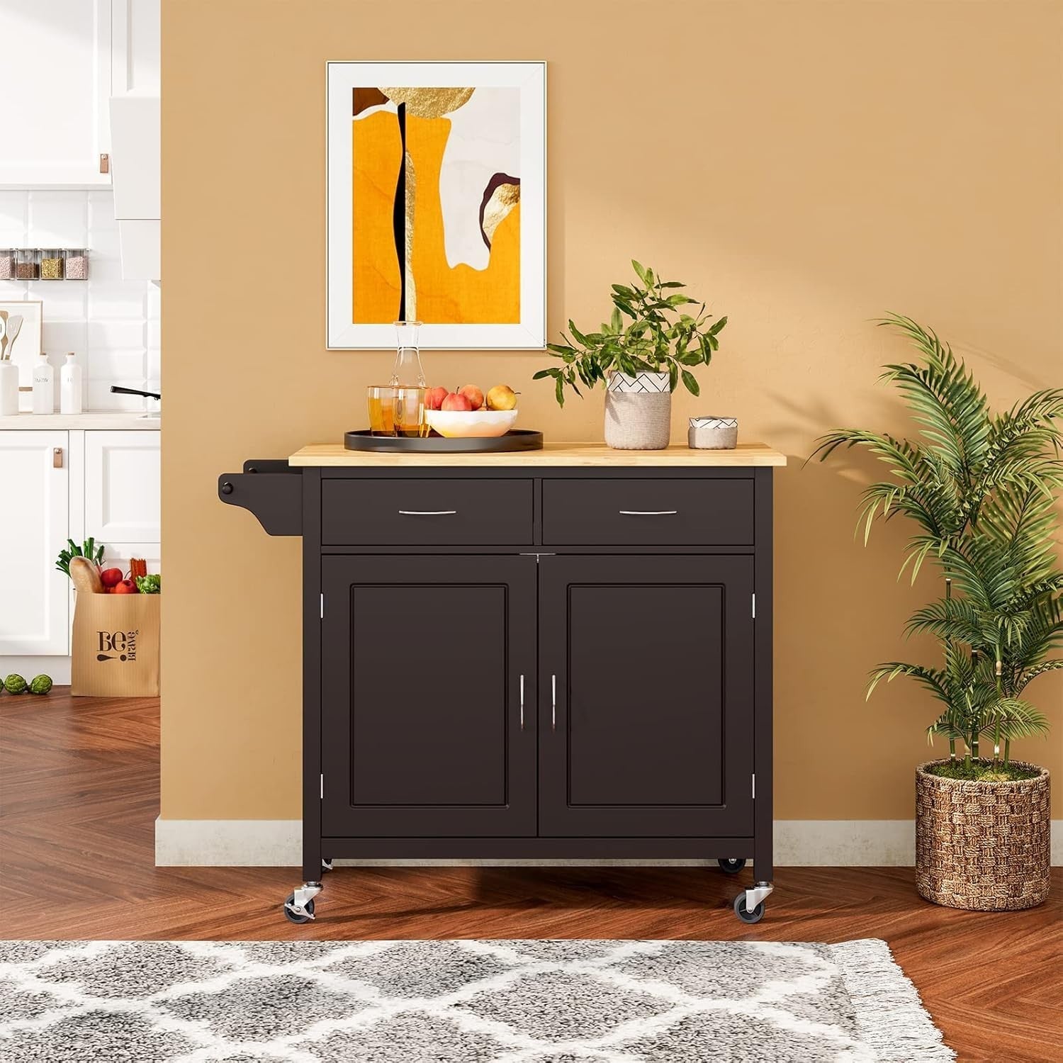 Rolling Kitchen Island Cart with 2 Drawers, Adjustable Shelf & Towel Rack.