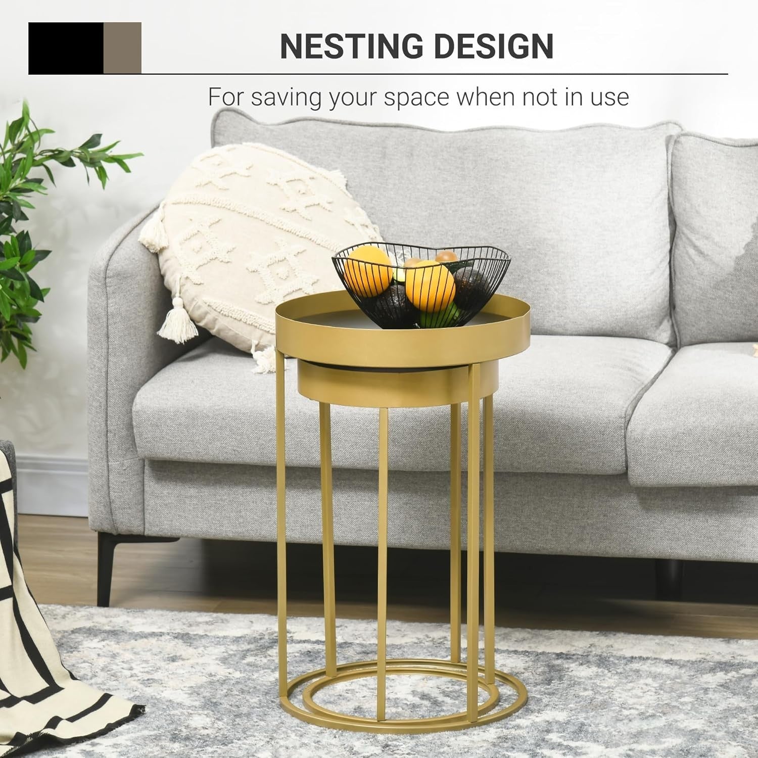 Gold Nesting Side Table Set 2 Round Metal Frame Tray Coffee End Tables Modern
