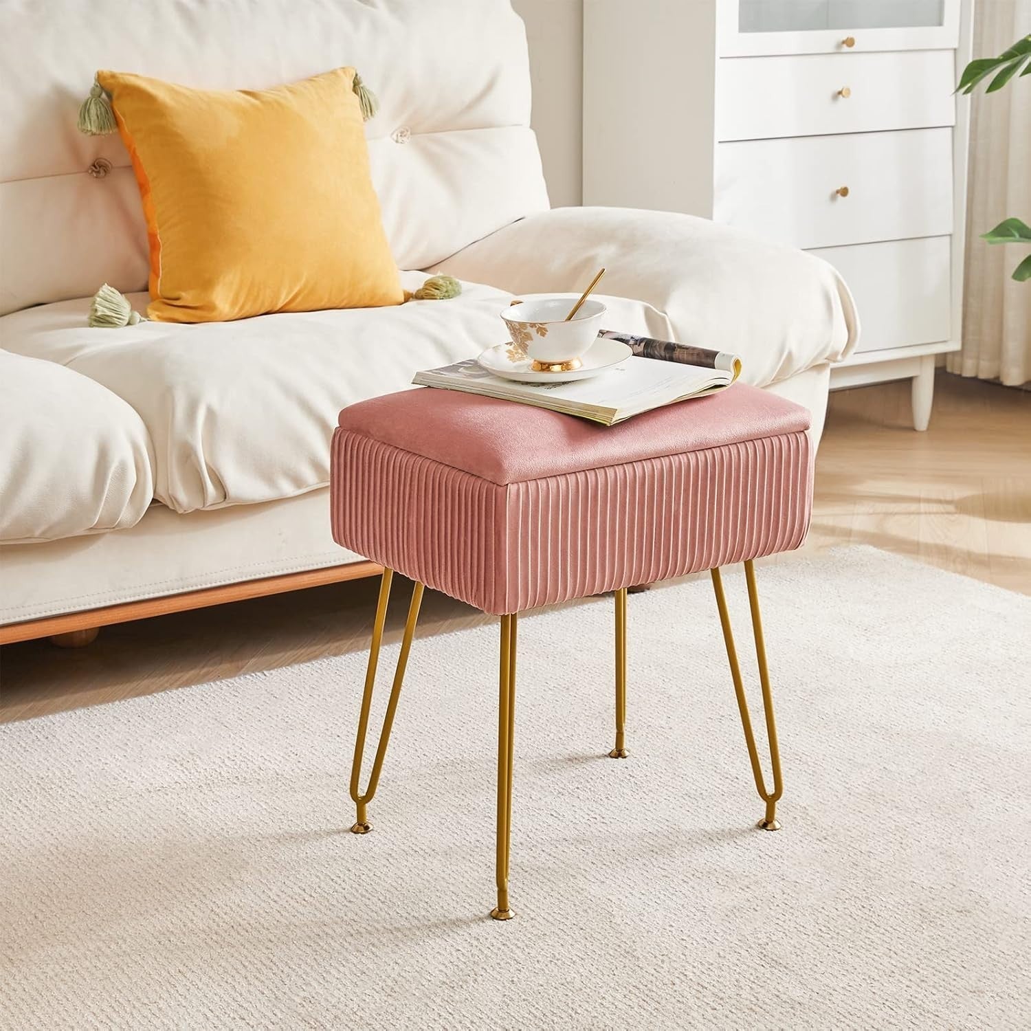 Pink Velvet Storage Ottoman Stool Square Bench Dressing Table Seat
