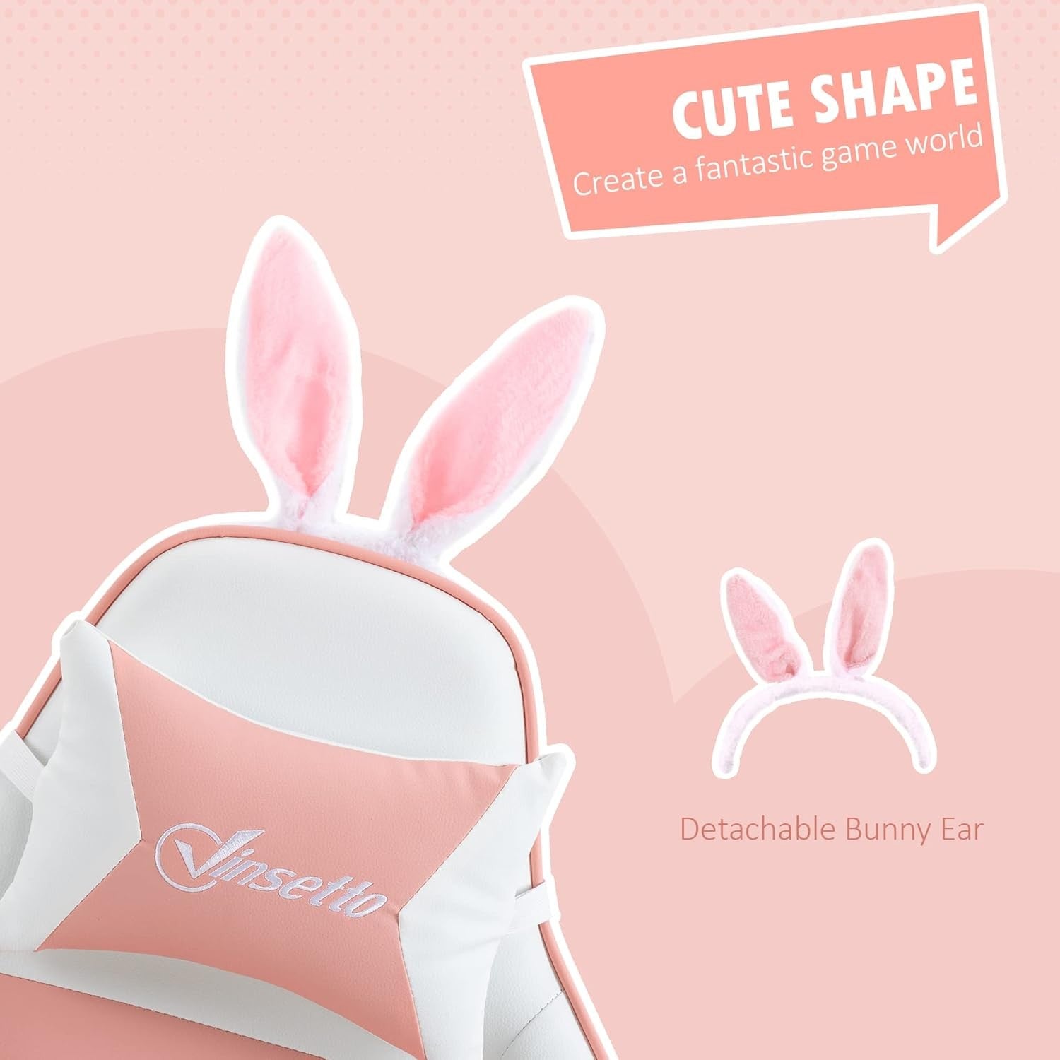 Pink Gaming Chair w/ Rabbit Ears Recliner Footrest Lumbar Support