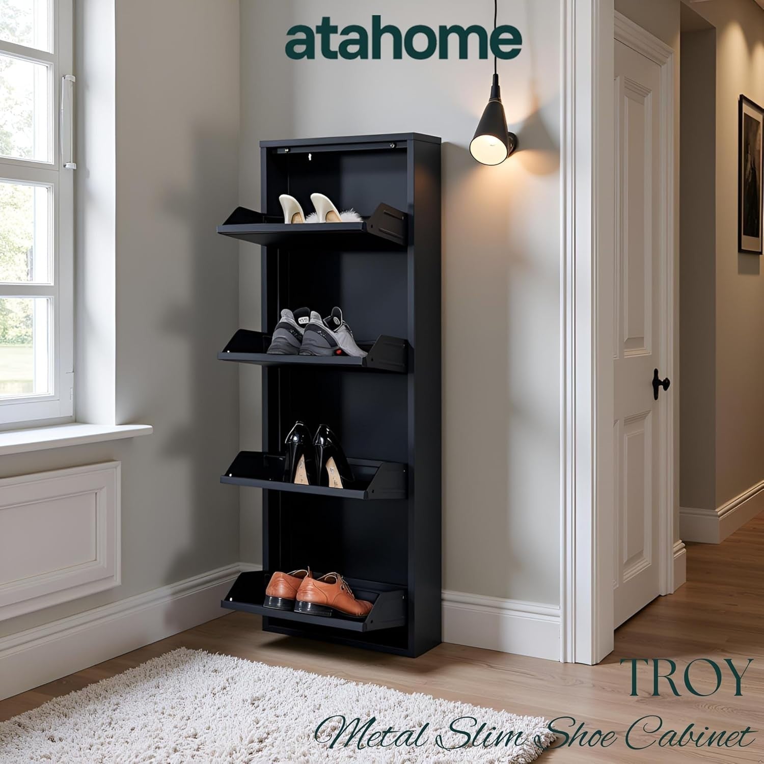 Slim Wall Mounted Shoe Cabinet 4-Tier Metal Storage Rack 138cm Black