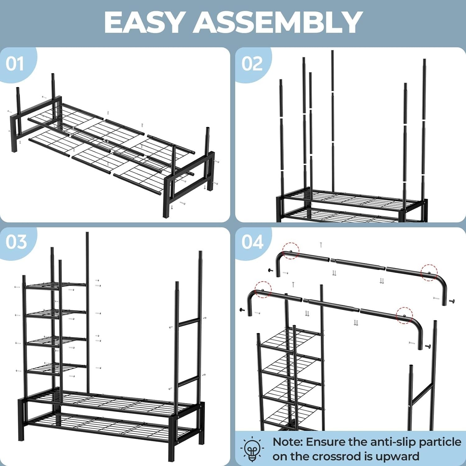 Heavy Duty Clothes Rail Double Rods Shelves Shoe Rack Black