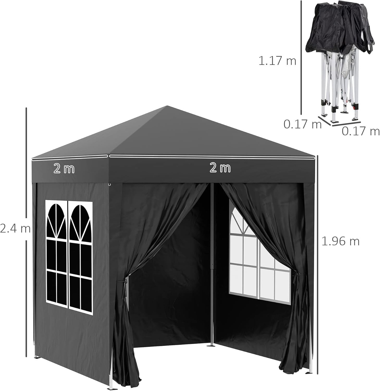 2x2m Pop Up Gazebo Garden Party Tent Waterproof w/ Sidewalls Black
