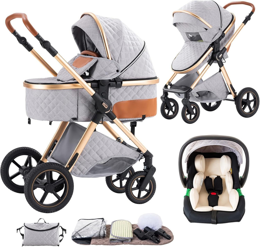 Compact 3in1 Baby Pram Pushchair System Adjustable Handle Foldable 22kg