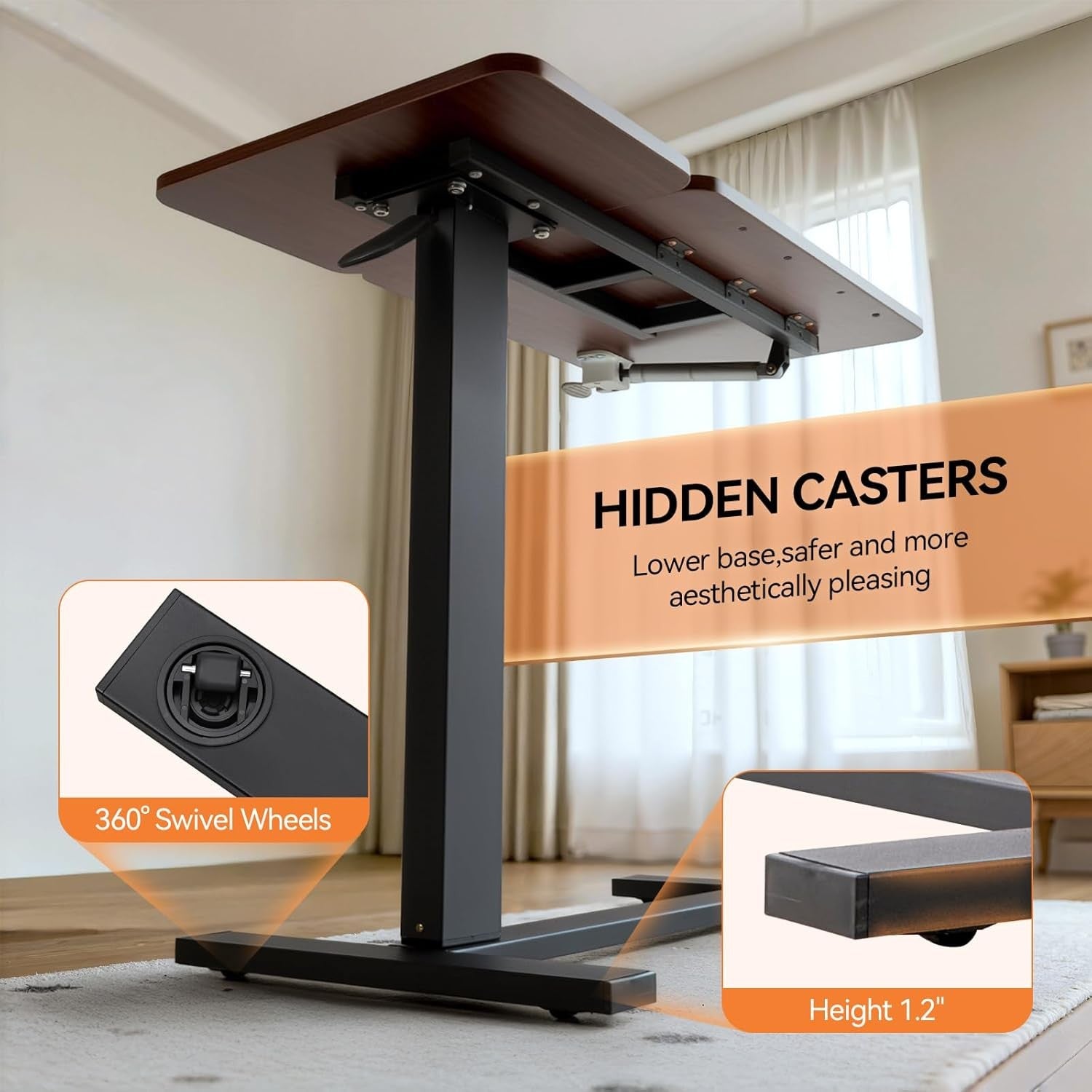 Overbed Laptop Table Height Adjustable Rolling Desk with Tilting Top 80x40cm