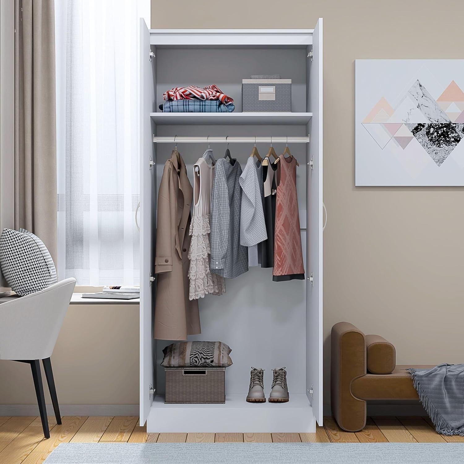 White High Gloss 2 Door Slim Wardrobe with Hanging Rail & Shelf 180cm
