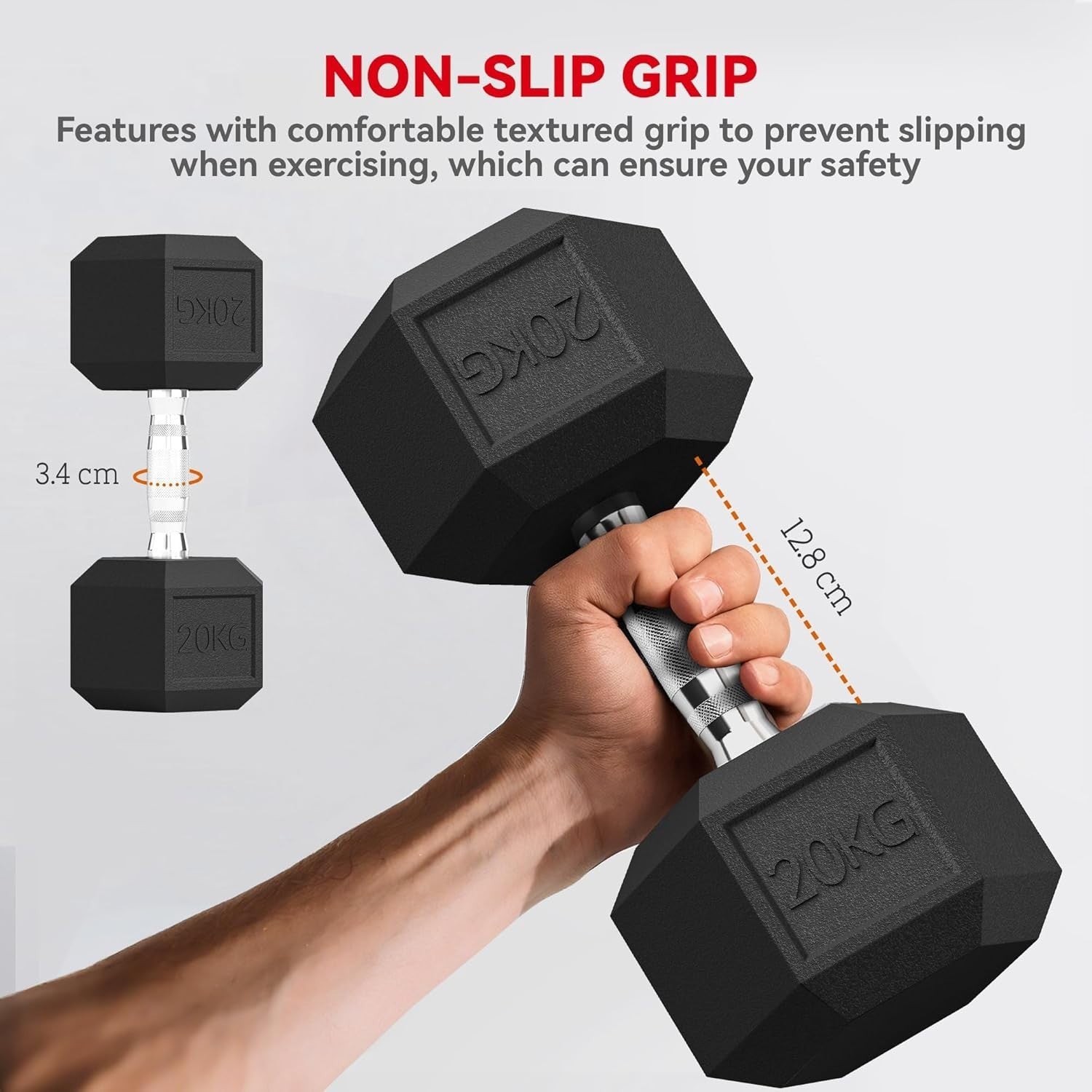 20kg Rubber Hex Dumbbell Single Anti Roll Steel Core Home Training